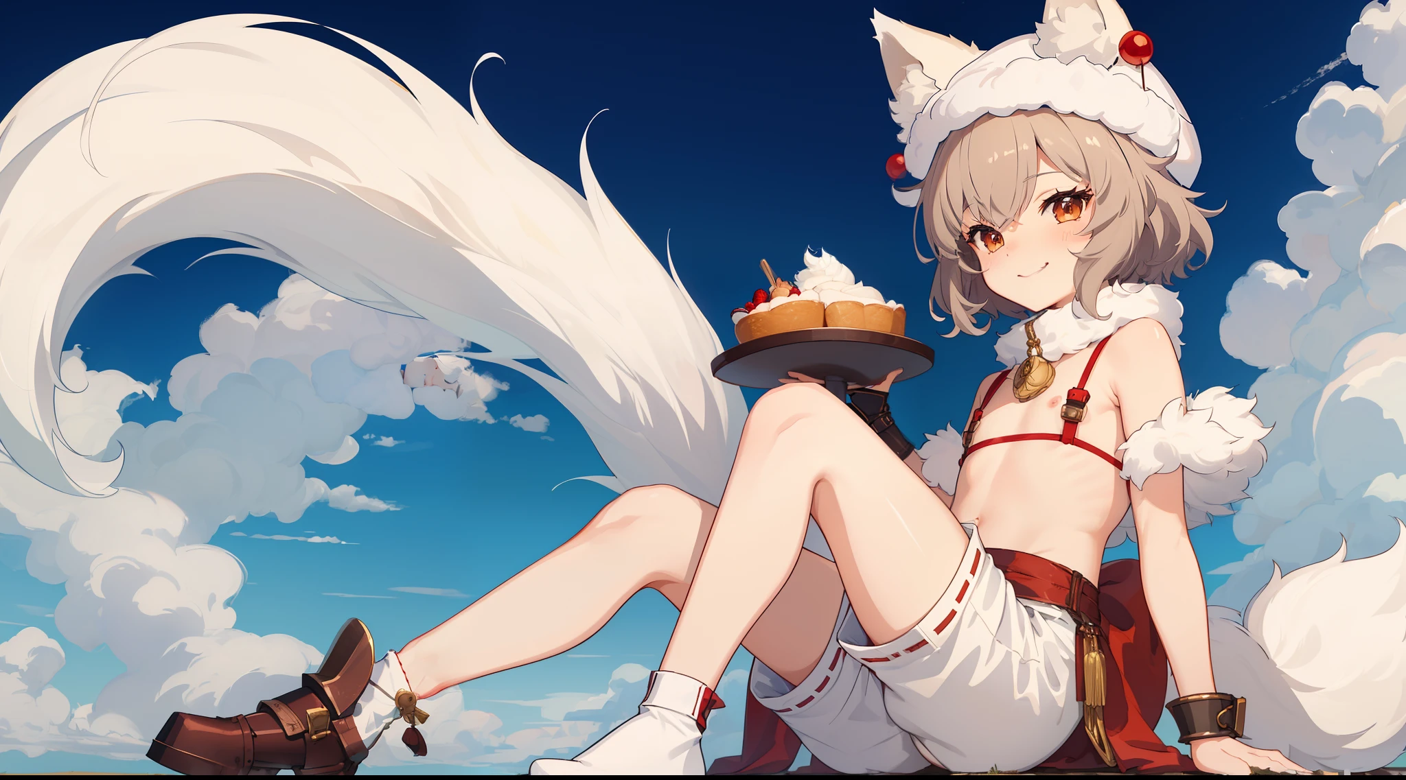 background image,far view,8k,Solo,fox boy, extremely flat chest, shota,short body,short white pants,cloth medieval armor,big wool cap on head,flop down big fluffy fox ears,short and feminine body,short hair,messy and wavy brunette hair,smug smile,thick tighs,bakery.