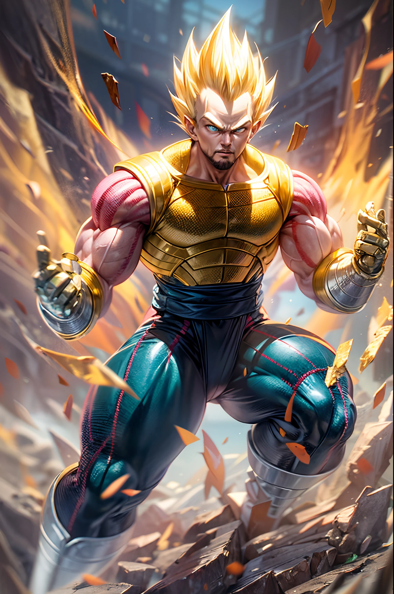 Full body, 8k portrait of muscular vegeta, yellow hair, blue eyes, intricate, elegant, highly detailed, full body, energy cracking, ki aura, majestic, digital photography, art by artgerm and ruan jia and greg rutkowski, black hair, beardless face, broken glass (masterpiece, side lighting, beautiful finely detailed eyes: 1.2 ), hdr,