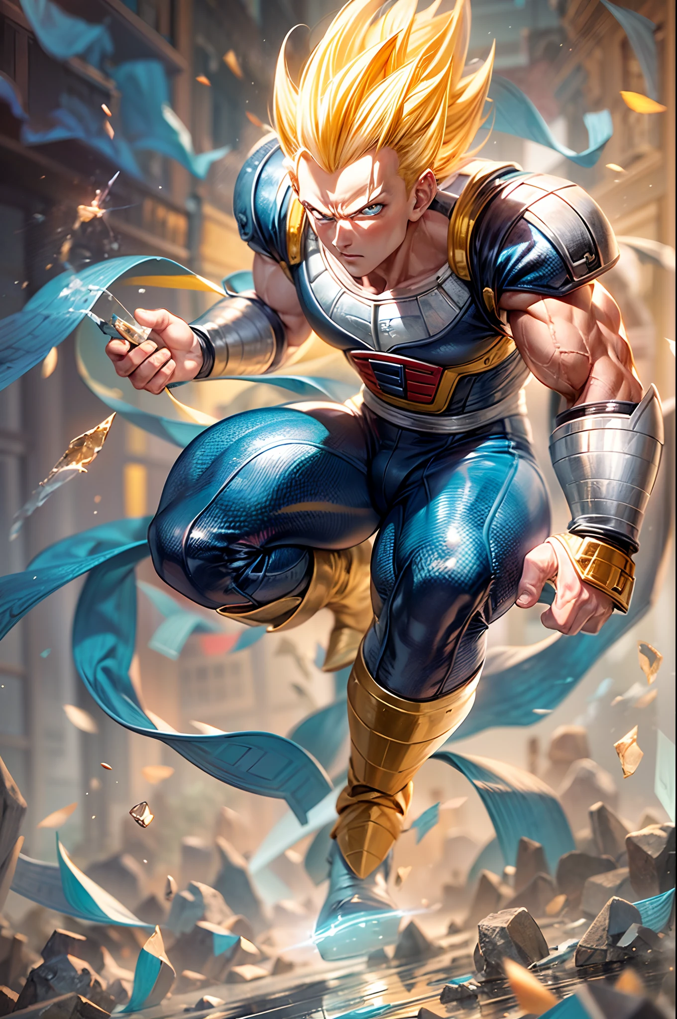 Full body, 8k portrait of muscular vegeta, yellow hair, blue eyes, intricate, elegant, highly detailed, full body, energy cracking, ki aura, majestic, digital photography, art by artgerm and ruan jia and greg rutkowski, black hair, beardless face, broken glass (masterpiece, side lighting, beautiful finely detailed eyes: 1.2 ), hdr,