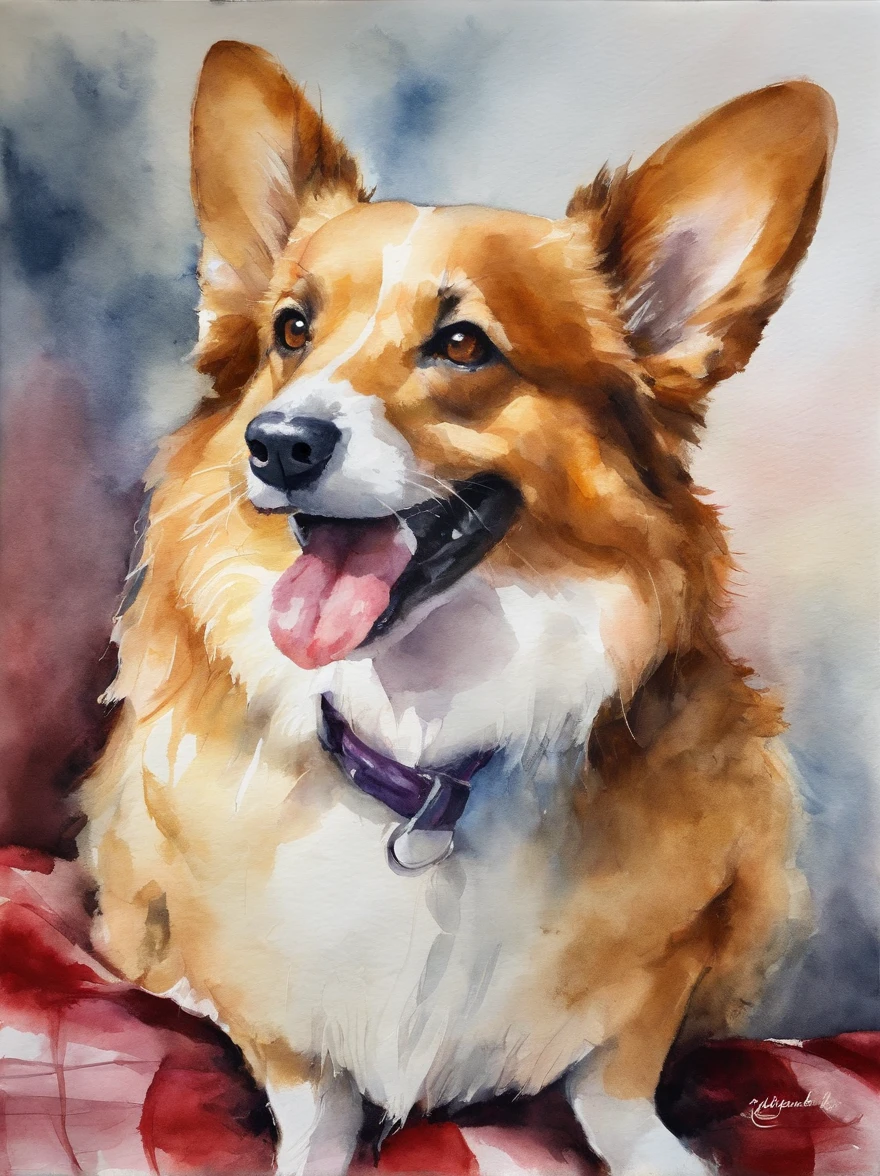 The Alafard dog sits on a blanket，Stick out her tongue, cute corgi, happily smiling at the camera, One ear is stretched，One ear stands up