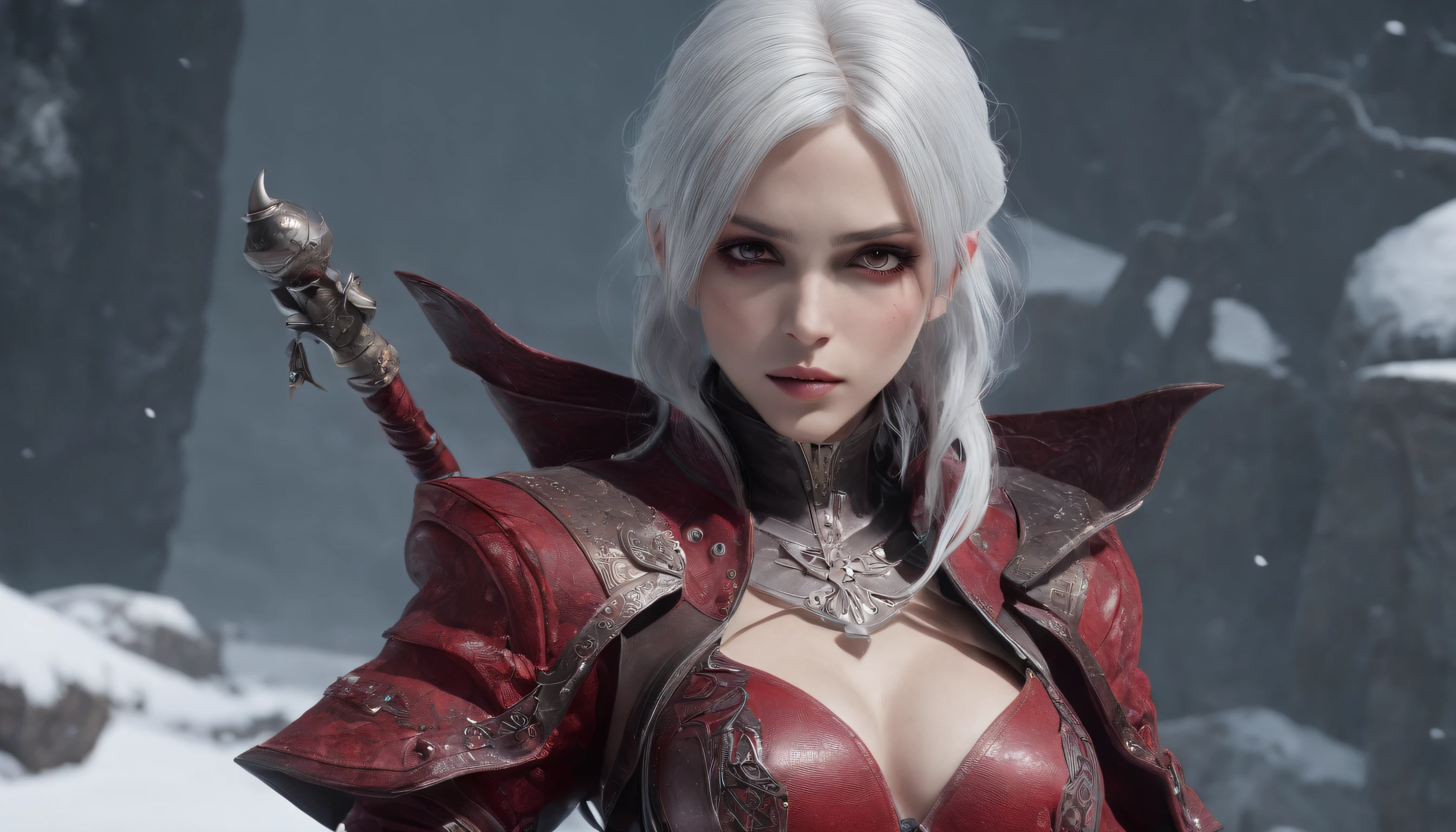 Cirilla Fiona Elen Riannon，Highest image quality，Outstanding details，超高分辨率，（Fidelity：1.4）, Favor the details，closeup cleavage，dawn，Snow，winter，Wizard Sword，He has a delicate and beautiful face，Red Japanese oni armor，Raised sexy，frontage，cyber punk perssonage，Futuristic，mechanically aesthetic，Virtual Engine 5，Perfect detail rendering，rendering by octane，hyper HD