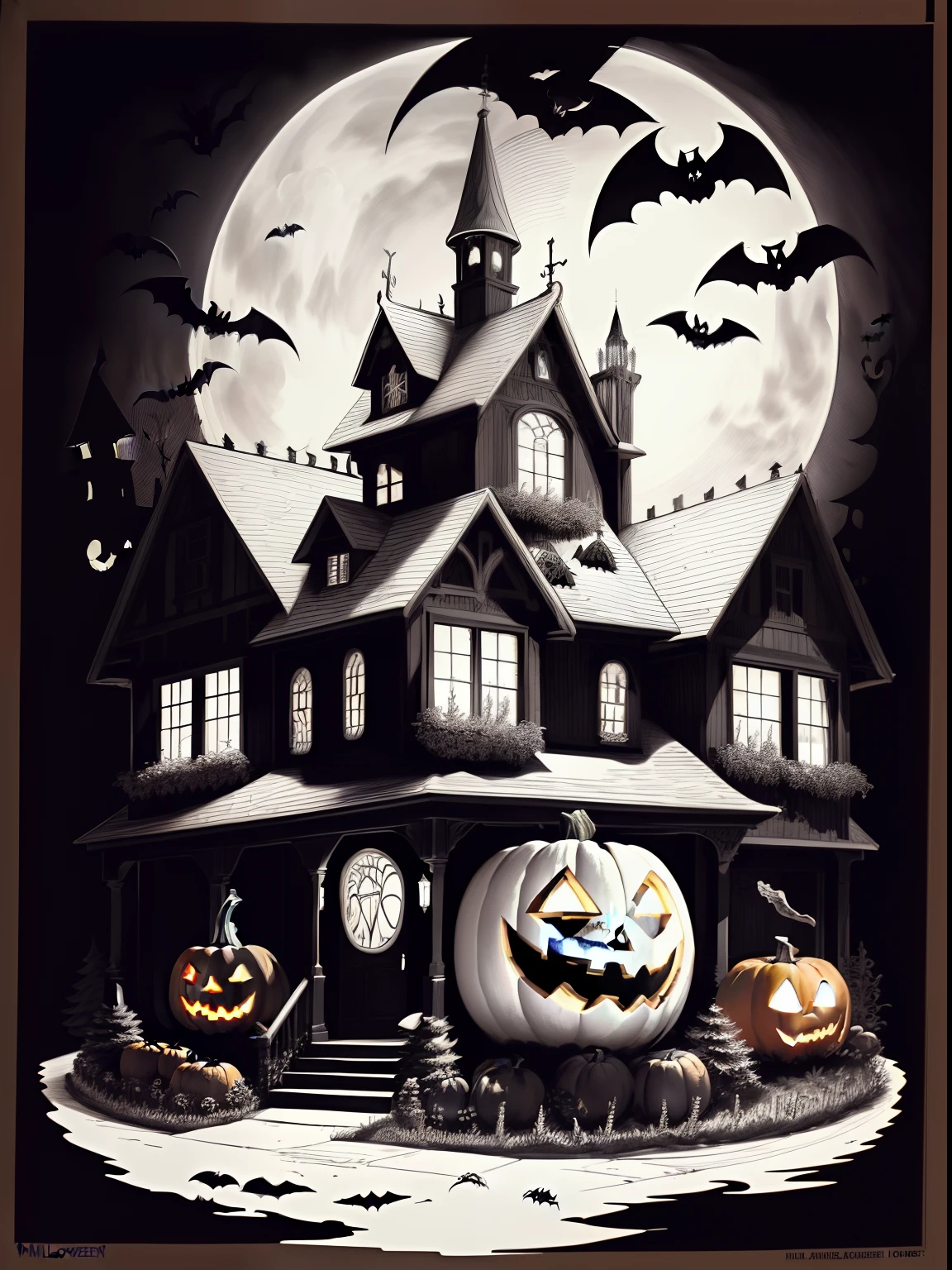 a coloring page with a pumpkin and other pumpkins in front of a house, halloween art style, black and white color only, halloween theme, halloween scene, highly detailed illustration.”, coloring book outline, detailed ink illustration, scary detailed art in color, black and white coloring, clean ink detailed line drawing, highly detailed ink illustration, halloween celebration, spooky halloween theme