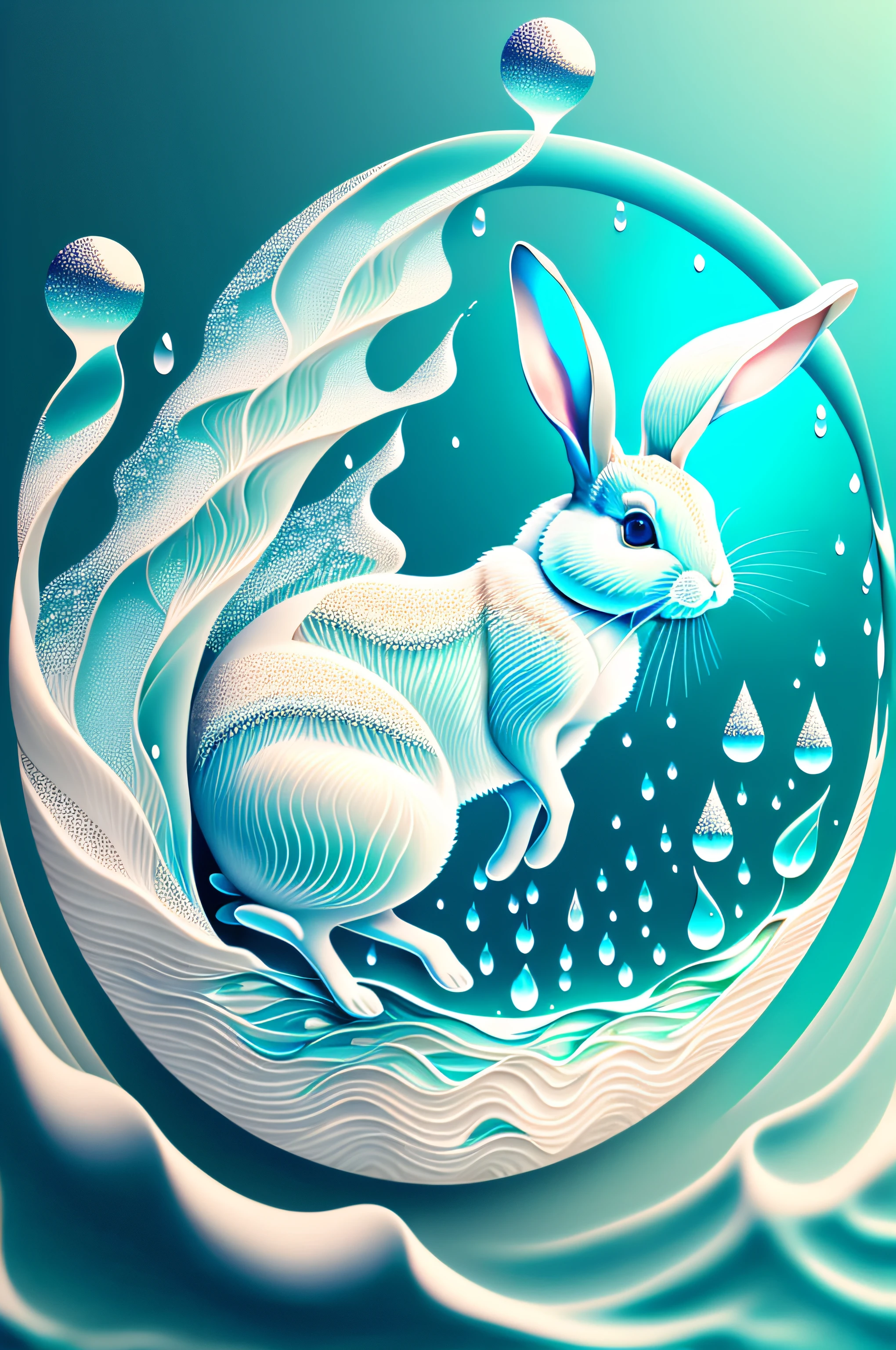 Create finely patterned images that embody the elements of water, The figure of a rabbit floating gracefully on the gentle waves, Splash Add　No text or frames.Do not increase limbs