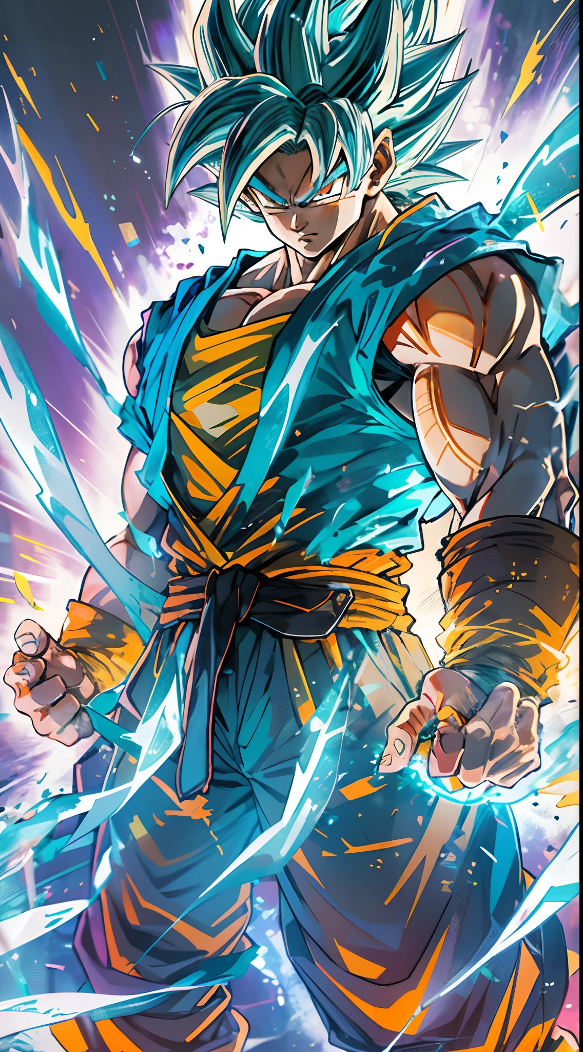 ((Best, Best Quality)) full body of a person with a muscle large body, super instinctive, energy man epic anime, energy cracking,ki aura , fierce aura, wind blow,bright aura and halo, 4K manga wallpaper, super Saiyan blue, anime wallabies, 4K anime wallpaper, anime wallpaper 8K, anime wallpaper 8K, character Dragon Ball, Goku, human Goku, Super Saiyan Goku Highly detailed portrait, detailed face, detailed eyes, small eyes, serious expression, glowing fierce eyes