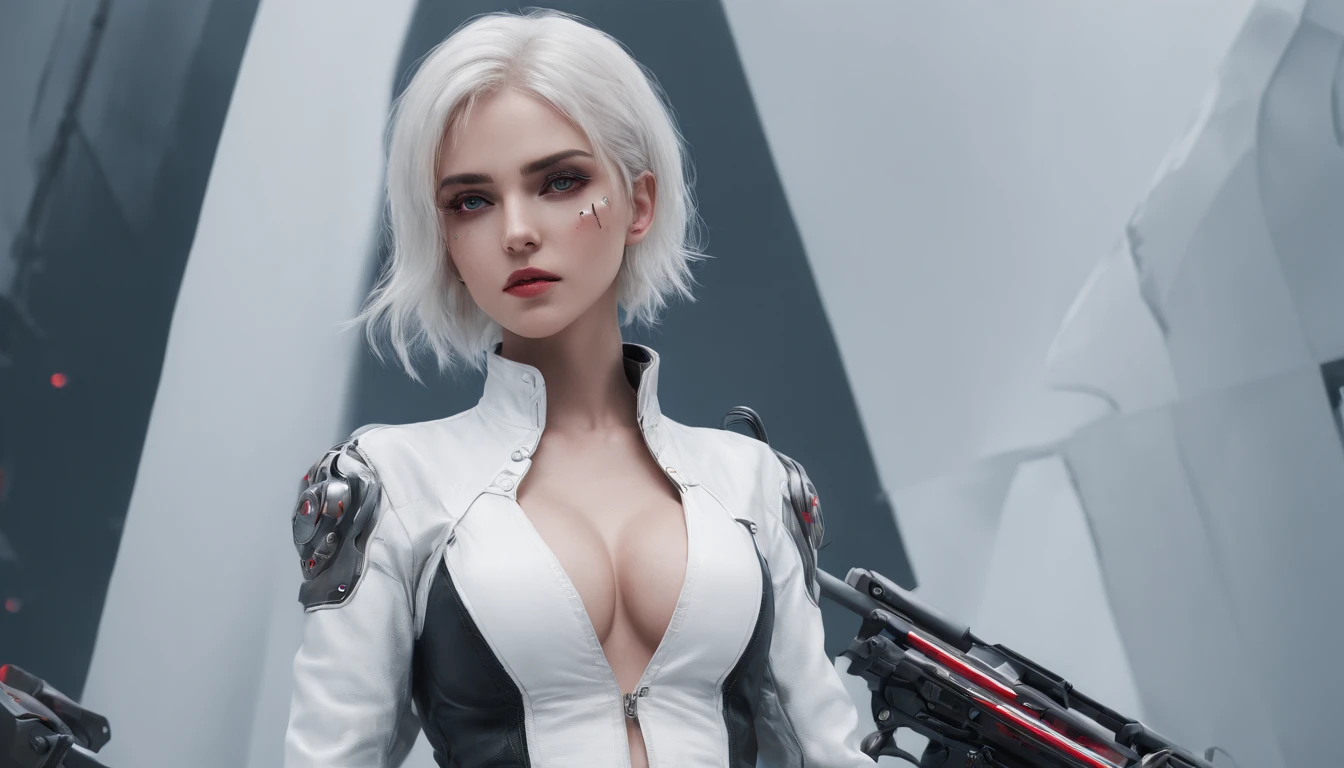Cirilla Fiona Elen Riannon，Highest image quality，Outstanding details，超高分辨率，（Fidelity：1.4），The best illustration，Favor the details，closeup cleavage，A mech girl，He has a delicate and beautiful face，（（Red and white semi-mechanical body：1.8）），Raised sexy，cleavage，onbed，frontage，cyber punk perssonage，Futuristic，mechanically aesthetic，Complex machinery，The background is a high-tech lighting scene in the future city，Virtual Engine 5，Perfect detail rendering，rendering by octane，hyper HD