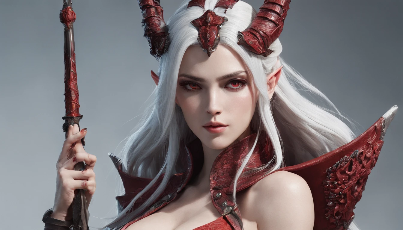 Cirilla Fiona Elen Riannon，Highest image quality，Outstanding details，超高分辨率，（Fidelity：1.4）, Favor the details，closeup cleavage，dawn，Snow，winter，Wizard Sword，He has a delicate and beautiful face，Red Japanese oni armor，Raised sexy，frontage，cyber punk perssonage，Futuristic，mechanically aesthetic，Virtual Engine 5，Perfect detail rendering，rendering by octane，hyper HD