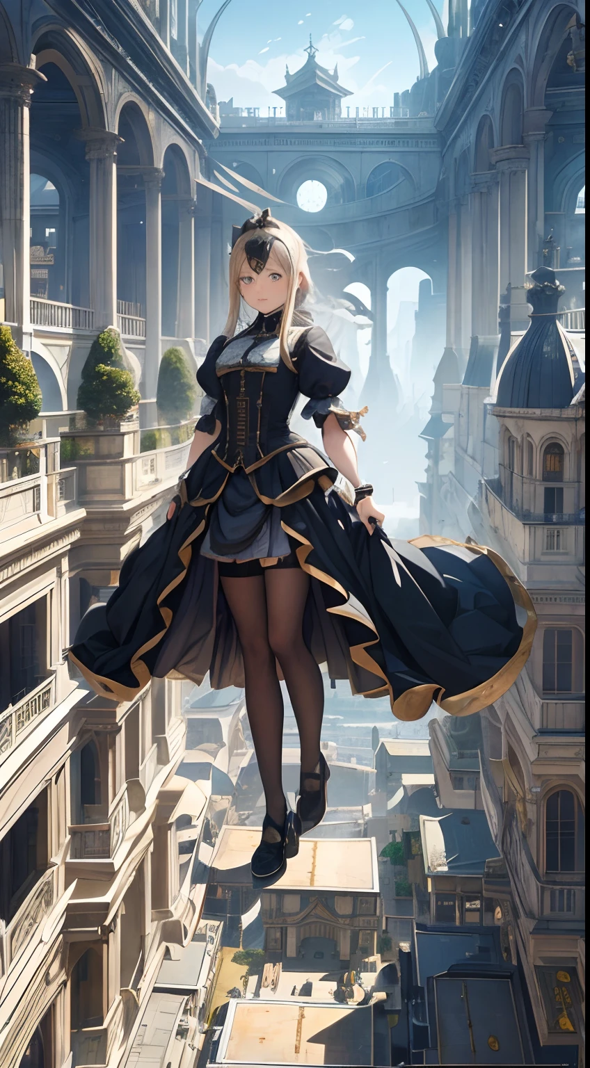 Tintoretto, Alan Lee, Charles Robinson, Japanese Anime Mysterious Bizarre Fantastic Surreal Fantasy Sci-Fi Fantasy Urban Creation, Girl Alice standing on top and edge of the building looking down, bird’s eye view, Vertical City Architecture on Paper Blueprint Perspective Cross Section Sphere Steam Locomotive Running in the Air, hyperdetailed high resolution high definition high quality masterpiece