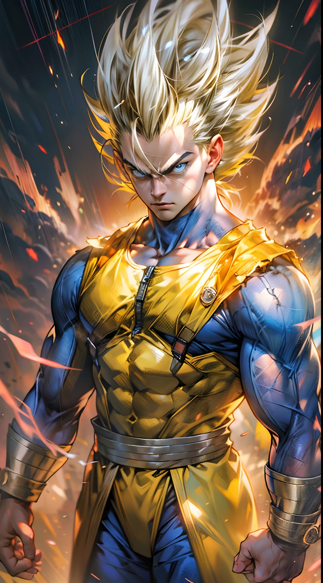 Full body, 8k full body portrait of vegeta, yellow hair, blue eyes, intricate, elegant, highly detailed, full body, energy cracking, ki aura, majestic, digital photography, art by artgerm and ruan jia and greg rutkowski, black hair, beardless face, broken glass (masterpiece, side lighting, beautiful finely detailed eyes: 1.2 ), hdr,