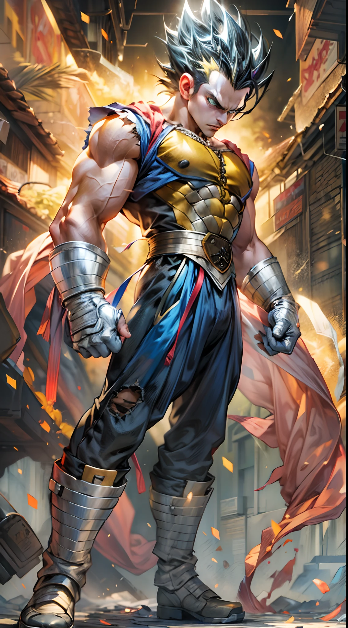Full body, 8k full body portrait of vegeta, yellow hair, blue eyes, intricate, elegant, highly detailed, full body, energy cracking, ki aura, majestic, digital photography, art by artgerm and ruan jia and greg rutkowski, black hair, beardless face, broken glass (masterpiece, side lighting, beautiful finely detailed eyes: 1.2 ), hdr,