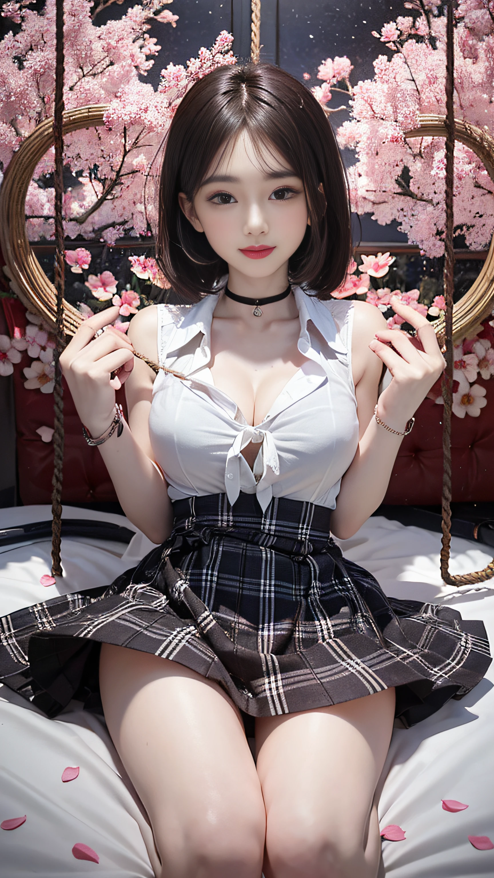 Super beautiful glowing eyes、((Girl hanging from the ceiling with her arms tied by a rough rope))、perspiring、((Ropes tied her body))、((a wet body))、((Rough rope that cuts into the crotch))、((A large amount of fluid flows out of the crotch))、Torn bra、Wet white underwear、One leg is suspended above with a rough rope、tied up with ropes、Strongly tied up、Hands tied、legs hanging in shackles
(8K, Raw photography, Top image quality, ​masterpiece: 1.4), The ultra -The high-definition, (realisitic, Photorealsitic: 1.48), ​masterpiece, top-quality, full body Esbian, 1girl in, bangss, Black Choker, Black tie, A dark-haired, a blue skirt, red blush, A bracelet, breastsout, a choker, Clothing around the waist, 鎖骨, shirt with collar, cowboy  shot, dress shirts, ear piercings, eyebrows visible through hair, gradation hair, Grinning, gals, jewely, Kogal, length hair, looking at the viewers, Loose tie, neck tie, piercings, Plaid, plaid skirts, pleatedskirt, red eyes, the ring, 校服, The shirt, skirt by the, A smile, 独奏, white  shirt, a street, Skysky, cherry trees, flower petals,diagrams, Fashionable, femele, with a vibrant, outfits, the pose, the front, Colorful, Dynamic, Background with, element, self-assured, expresive, ngel, statement, accessorized, An majestic, coil, surroundings, Touch, The scene, It's bold, captures the attention, Titles, Stylish, Font, It's catchy, headline, The large, Impressive, moderno,