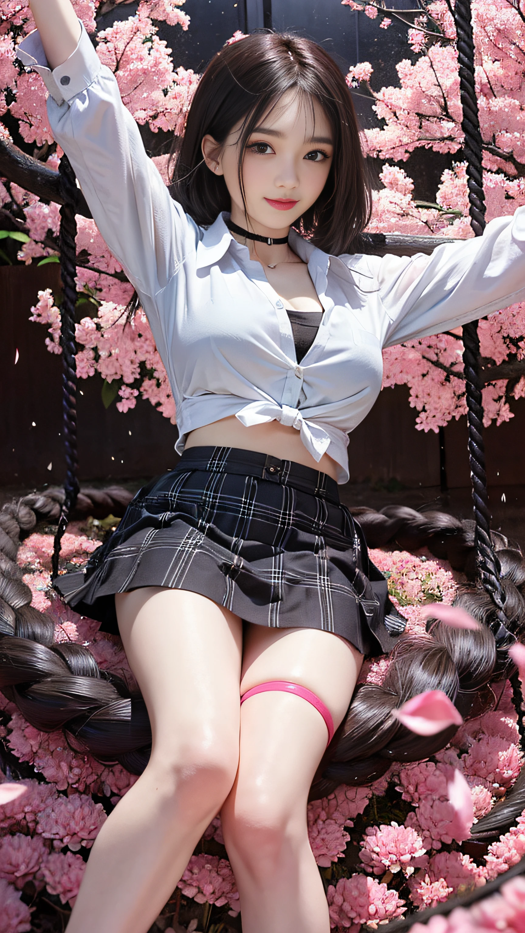 Super beautiful glowing eyes、((Girl hanging from the ceiling with her arms tied by a rough rope))、perspiring、((Ropes tied her body))、((a wet body))、((Rough rope that cuts into the crotch))、((A large amount of fluid flows out of the crotch))、Torn bra、Wet white underwear、One leg is suspended above with a rough rope、tied up with ropes、Strongly tied up、Hands tied、legs hanging in shackles
(8K, Raw photography, Top image quality, masterpiece: 1.4), The ultra -The high-definition, (realisitic, Photorealsitic: 1.48), masterpiece, top-quality, full body Esbian, 1girl in, bangss, Black Choker, Black tie, A dark-haired, a blue skirt, red blush, A bracelet, breastsout, a choker, Clothing around the waist, 鎖骨, shirt with collar, cowboy shot, dress shirts, ear piercings, eyebrows visible through hair, gradation hair, Grinning, gals, jewely, Kogal, length hair, looking at the viewers, Loose tie, neck tie, piercings, Plaid, plaid skirts, pleatedskirt, red eyes, the ring, 校服, The shirt, skirt by the, A smile, 独奏, white shirt, a street, Skysky, cherry trees, flower petals,diagrams, Fashionable, femele, with a vibrant, outfits, the pose, the front, Colorful, Dynamic, Background with, element, self-assured, expresive, ngel, statement, accessorized, An majestic, coil, surroundings, Touch, The scene, It's bold, captures the attention, Titles, Stylish, Font, It's catchy, headline, The large, Impressive, moderno,
