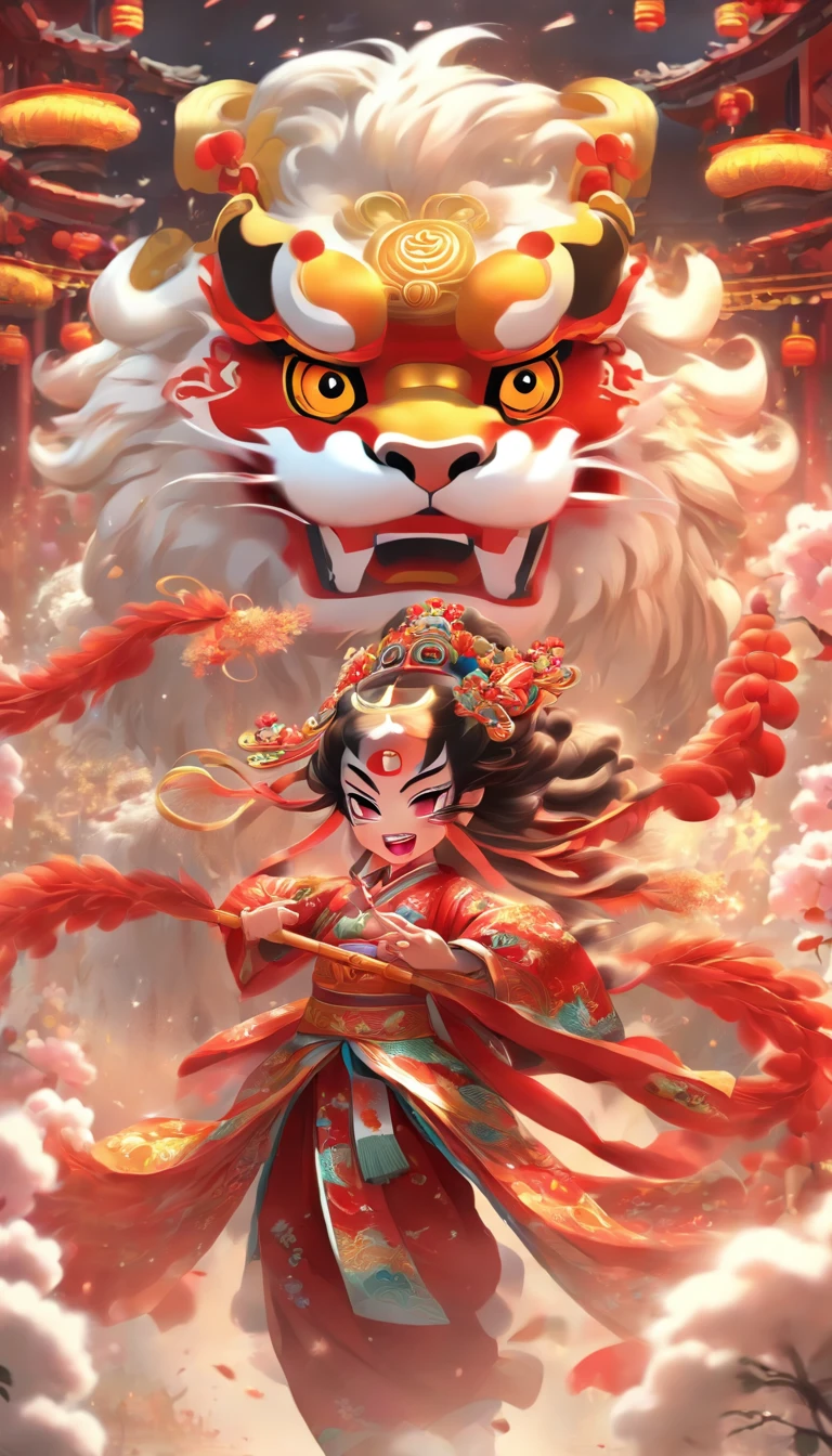 Cantonese traditional culture, China,1girll,lion dance,Awaken the lion,characteristic,The facial features are delicate and beautiful,The black and red lion head is worn on the head,Dance with a lion's head in both hands,jubilation,