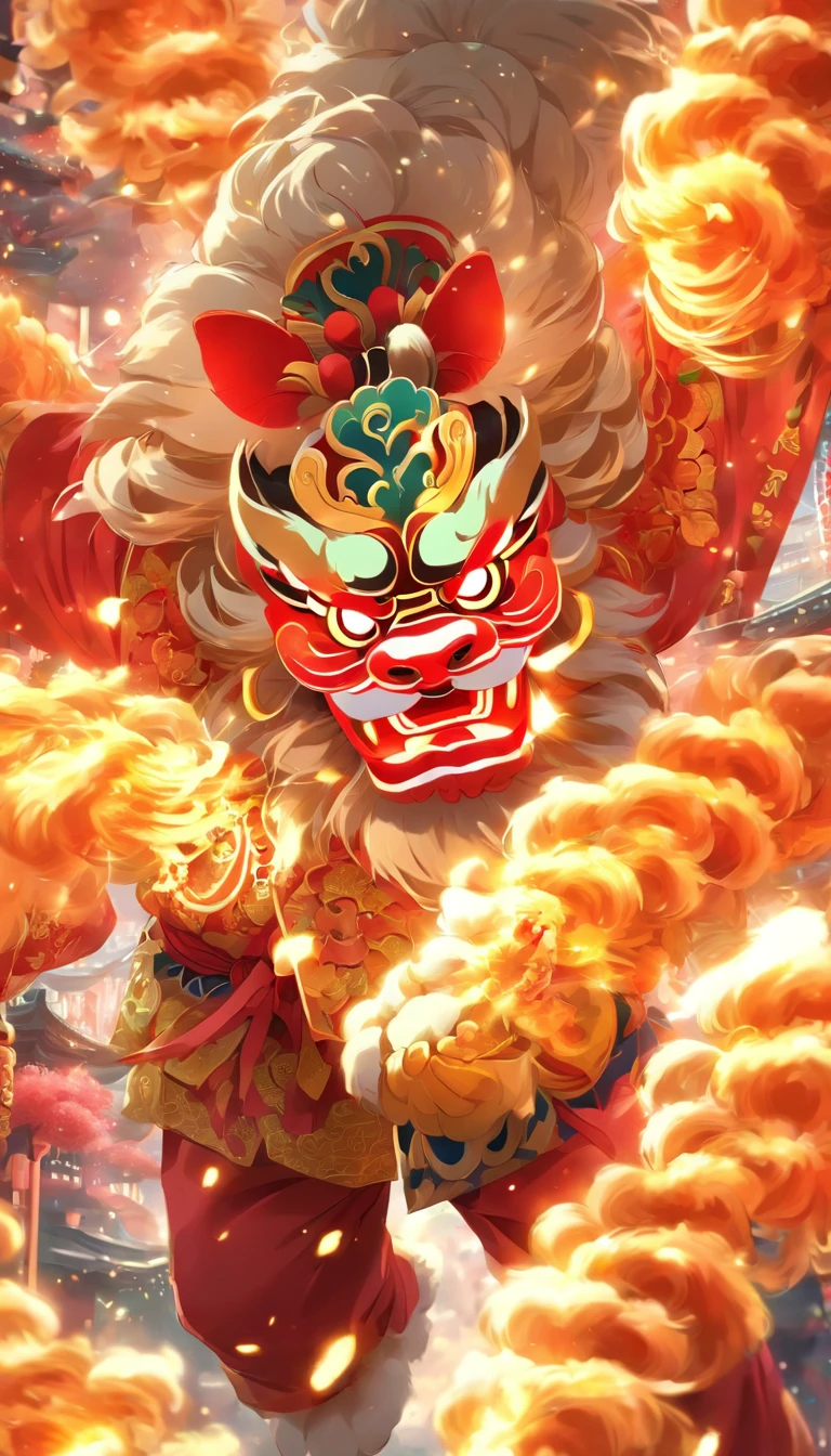 Cantonese traditional culture, China，1girll，lion dance，Awaken the lion，characteristic，The facial features are delicate and beautiful，The black and red lion head is worn on the head，Dance with a lion's head in both hands，jubilation，