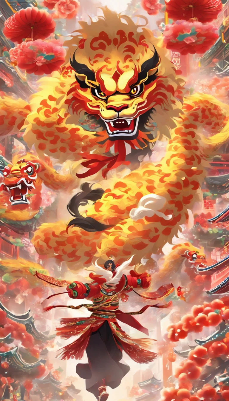 Cantonese traditional culture, China,1girll,lion dance,Awaken the lion,characteristic,The facial features are delicate and beautiful,The black and red lion head is worn on the head,Dance with a lion's head in both hands,jubilation,
