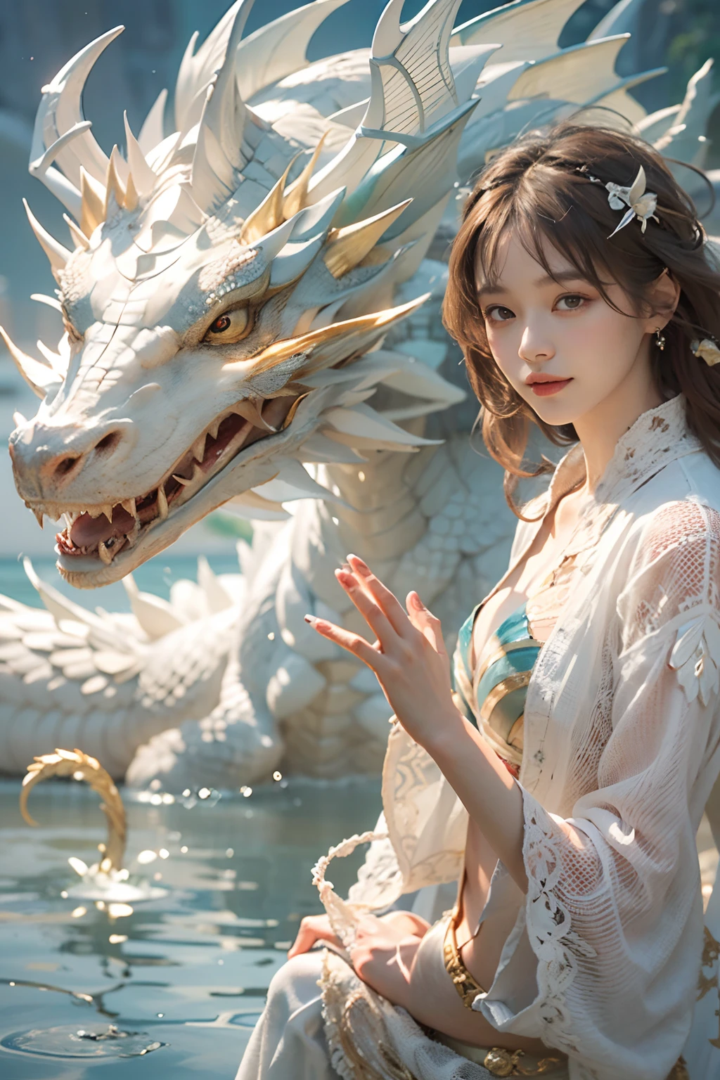 Dragons in Chinese mythology,(Portrait of an angel and a dragon god:1.3,)(Sheer and revealing white fluffy outfit:1.3, ),(Angel with glass wings floating above lake:1.3), (A glass dragon protects angels from behind:1.3),shiny light brown and orange striped hair,,,Cute smile,Perfect round face,A cheerful smile that makes the viewer happy,Proper body proportion,masutepiece,Super high-quality output images,hight resolution,Intricate details,Hair fluttering in a very delicate and beautiful wind,photos realistic,Dreamy,Professional Lighting,realistic shadow,Beautiful hands,Beautiful fingers,Detailed finger features,detailed clothes features,Detailed hair features,detailed facial features,