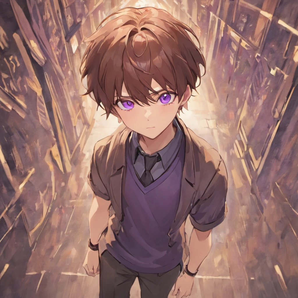 virtual_youtuber, 1boy, male_focus, solo, brown_hair, purple_eyes, simple_background, brown_footwear, full_body, straight-on, looking_at_viewer, pants, white collared shirt, hair_between_eyes, (VERY DETAILED EYES:1.5)