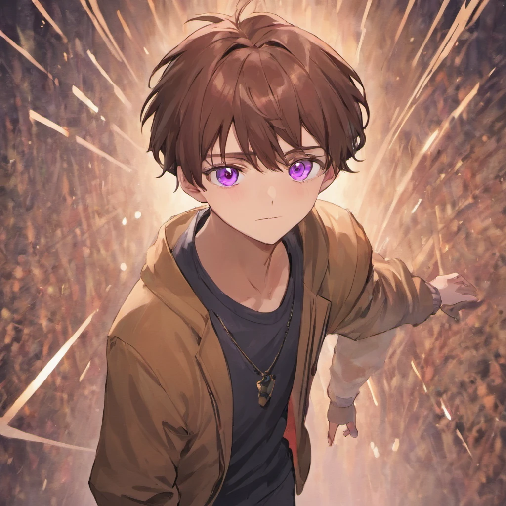 virtual_youtuber, 1boy, male_focus, solo, brown_hair, purple_eyes, simple_background, brown_footwear, full_body, straight-on, looking_at_viewer, pants, white collared shirt, hair_between_eyes, (VERY DETAILED EYES:1.5)