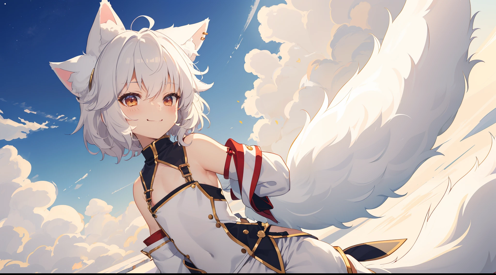 background image,far view,8k,Solo,fox boy,single fluffy tail,extremely flat chest, shota,short body,short white pants,cloth medieval armor,big wool cap on head,flop down big fluffy fox ears,short and feminine body,short hair,messy and wavy brunette hair,smug smile,thick tighs,bakery.