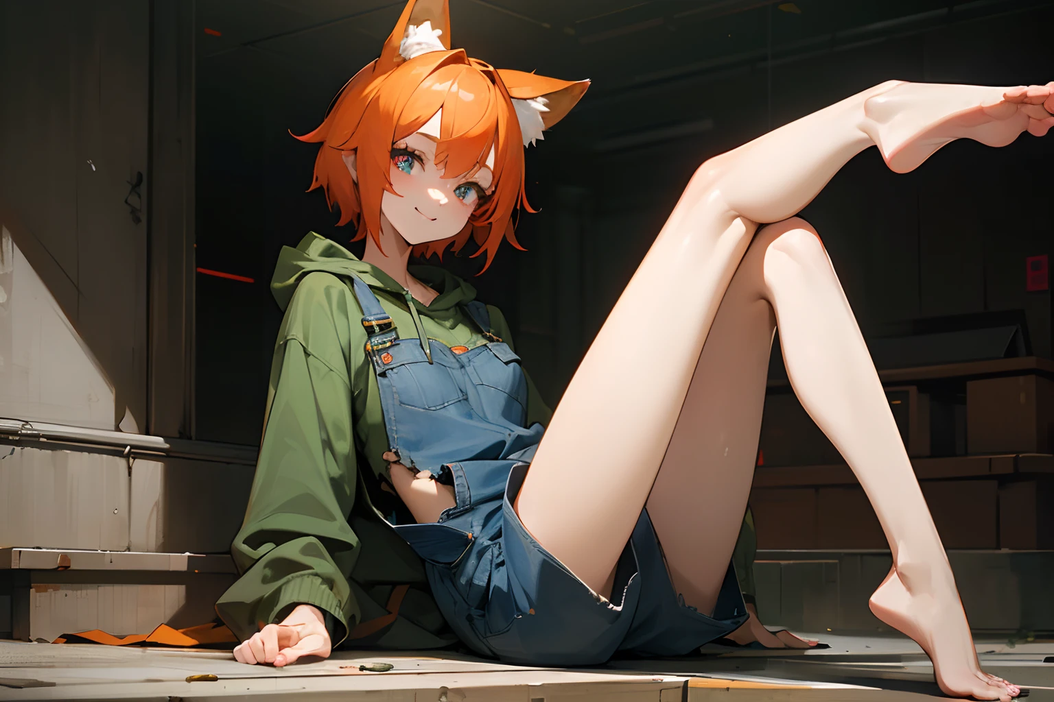 ((Masterpiece)), (High Definition:1.3), Beautiful,(Masterpiece), 8K, Super detail, Realistic, Beautiful photo, Textured skin, cinematic lighting, Cyberpunk cityscape, 1girl, ((mismatched pupils of red and blue)), (Very messy short hair、Cute beautiful girl, Sit on the asphalt with your legs stretched), (exposed sole of the foot, battered and torn Dark green hoodie, dungarees, Slender small breasts, Smile and open your big mouth), Textured skin, Fox ears, Pale orange hair