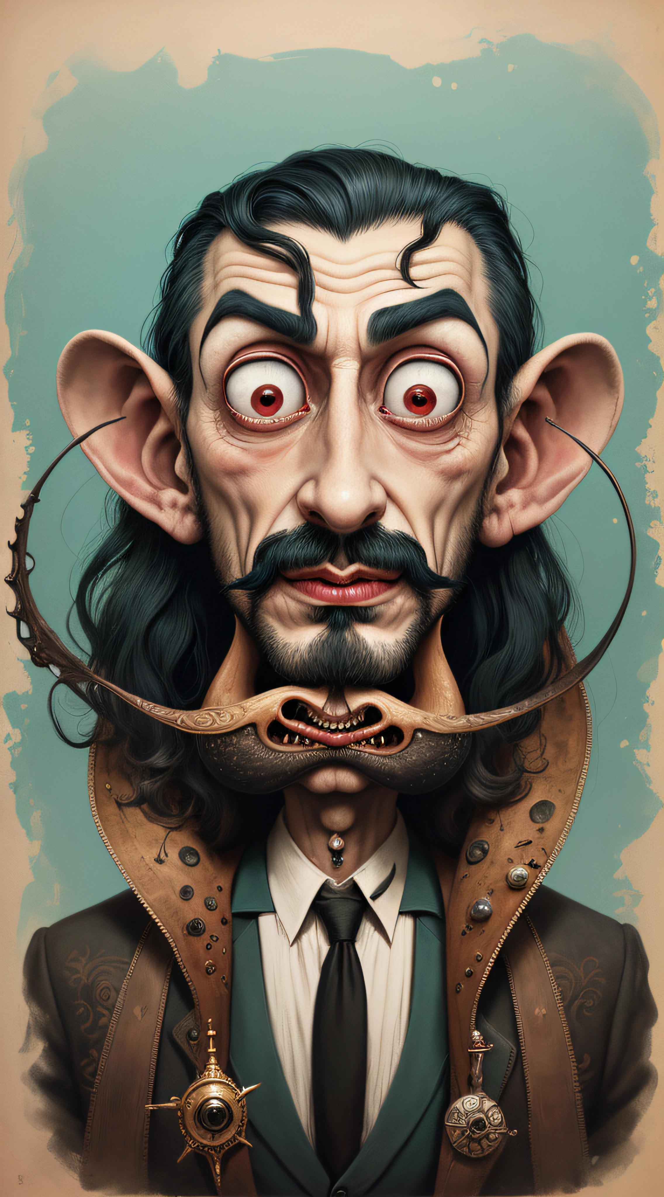 Pintura de un hombre con bigote, inspired by Salvador Dalí, in the style of Salvador Dalí, inspired by Dalí, Dalí Style, inspired by Dalí, Salvador Dalí style, Estilo de caricatura, Anton Semenov, inspired by Salvador Dalí, inspirado por William Gropper, Alice Cooper como Marilyn Manson, caricatura, Emil Melmoth