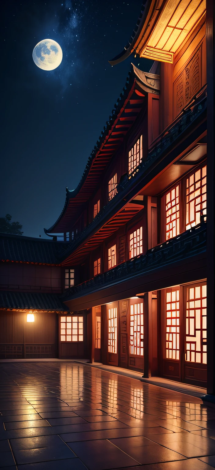Chinese Mid-Autumn Festival,Chinese architecture,Night sky,themoon,There is a large area of blue masonry floor nearby,Side composition