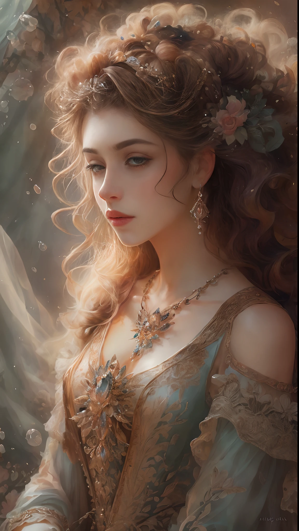 (Best quality, 4K, 8K, A high resolution, Masterpiece:1.2), Ultra-detailed, Realistic portrait of an aristocratic maiden, Exquisite facial features,Long brown curly hair details expressed, Graceful posture, Dreamy atmosphere, expressive brush strokes, mystical ambiance, Artistic interpretation,Delicately coiled hair,Floral jewelry with exquisite details, Crystal diamond jewelry,Small fresh aesthetics,Stunning intricate costumes, Fantasy illustration, Subtle colors and tones, mystical aura,The details have been upgraded