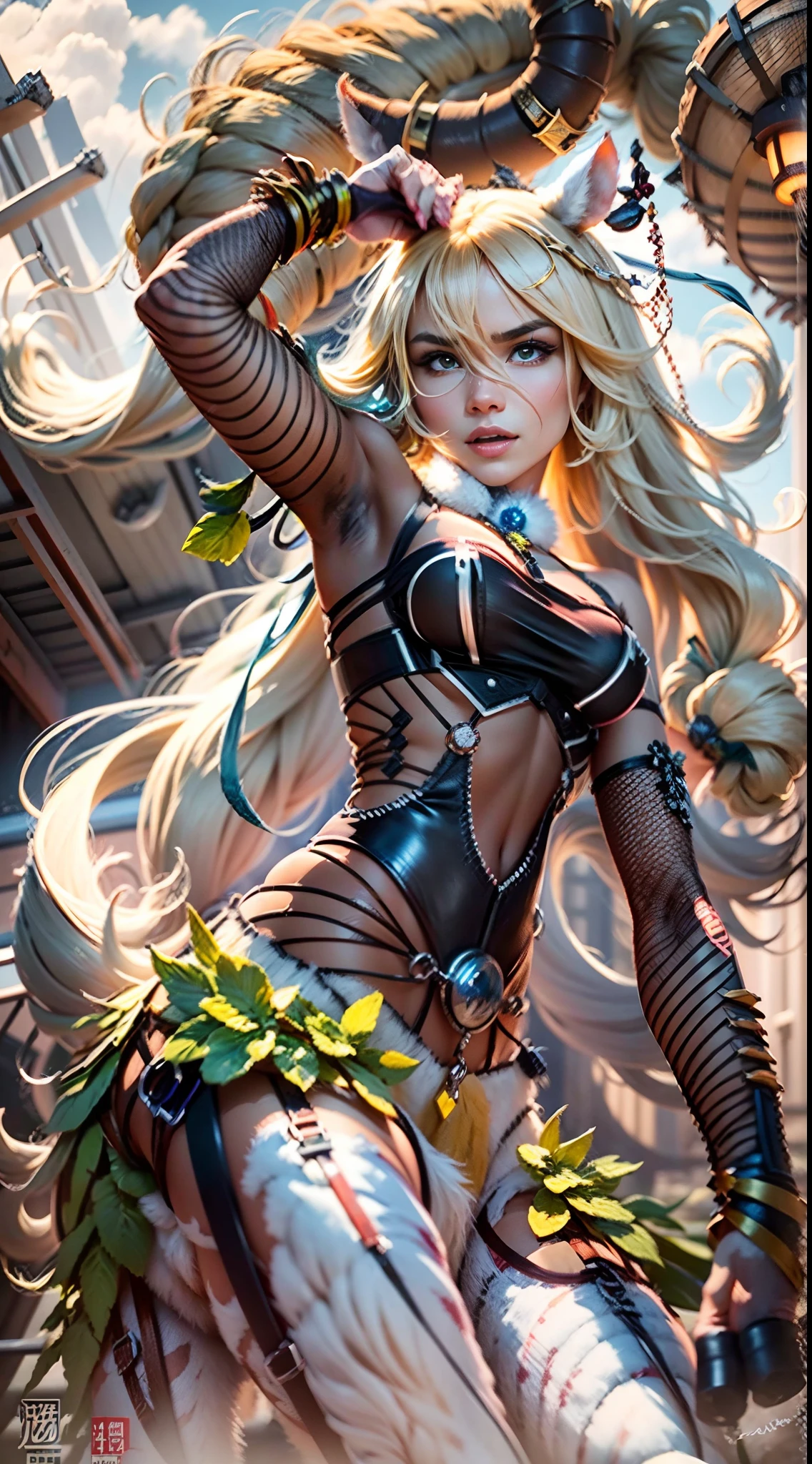 In a very grand scene，The extra-large wide-angle lens captures the appearance of a female centaur。She is tall，It has the ultimate curvy beauty，The muscles are slender and firm，Beautiful lines。Her facial features are tough and coquettish，Always with a sunny smile。She wears special tight-fitting equipment with a strong sense of technology，Step on multifunctional off-road style heels，Delicate and practical protective gear is worn on the hands, feet, wrists, neck and shoulders。The detection equipment around you flashes various cue lights and neon-like information screens，Let her exude a charming brilliance。Use Midjourney's advanced tools，Design special tight-fitting equipment for female centaurs，Highlight her unique physiological characteristics and appearance details，Add realism。And in her adventure scene，Spectacular views of nature，Such as the sky where storms and sunny days alternate、Brilliant rivers of stars and auroras、The snow-capped summit of Mount Everest、Fireworks in the mountain town, etc。ao mesmo tempo，Away from the hustle and bustle of Long Beach Pier is a neon-lit spaceship docked，Create a fantastic scene。Use Midjourney's advanced tools and multiple color palettes、Brush Strokes、Texture tools and model packages，It shows a sense of atmosphere where beauty and charm coexist。The charm of the female centaur is highlighted through color and lines，Enhance realism with detailing，Create a surreal dreamy feeling。Additionally，Use Midjourney's tools to add a variety of extreme sports gear and cultural trinkets to the female centaur，Create intricate hairstyles and outfits，Give her a sense of premium。She never flinches，Regardless of the terrain，can respond quickly，Even the extreme geography and dangerous terrain of aliens cannot stop her。Use Midjourney's powerful tools，You can do it with incredible detail and beauty，Bring this ultra-grand and beautiful scene to life。Ultra-grand scenes，super wide shot， hdr，（真实感，Masterpiece quality，best qualtiy），