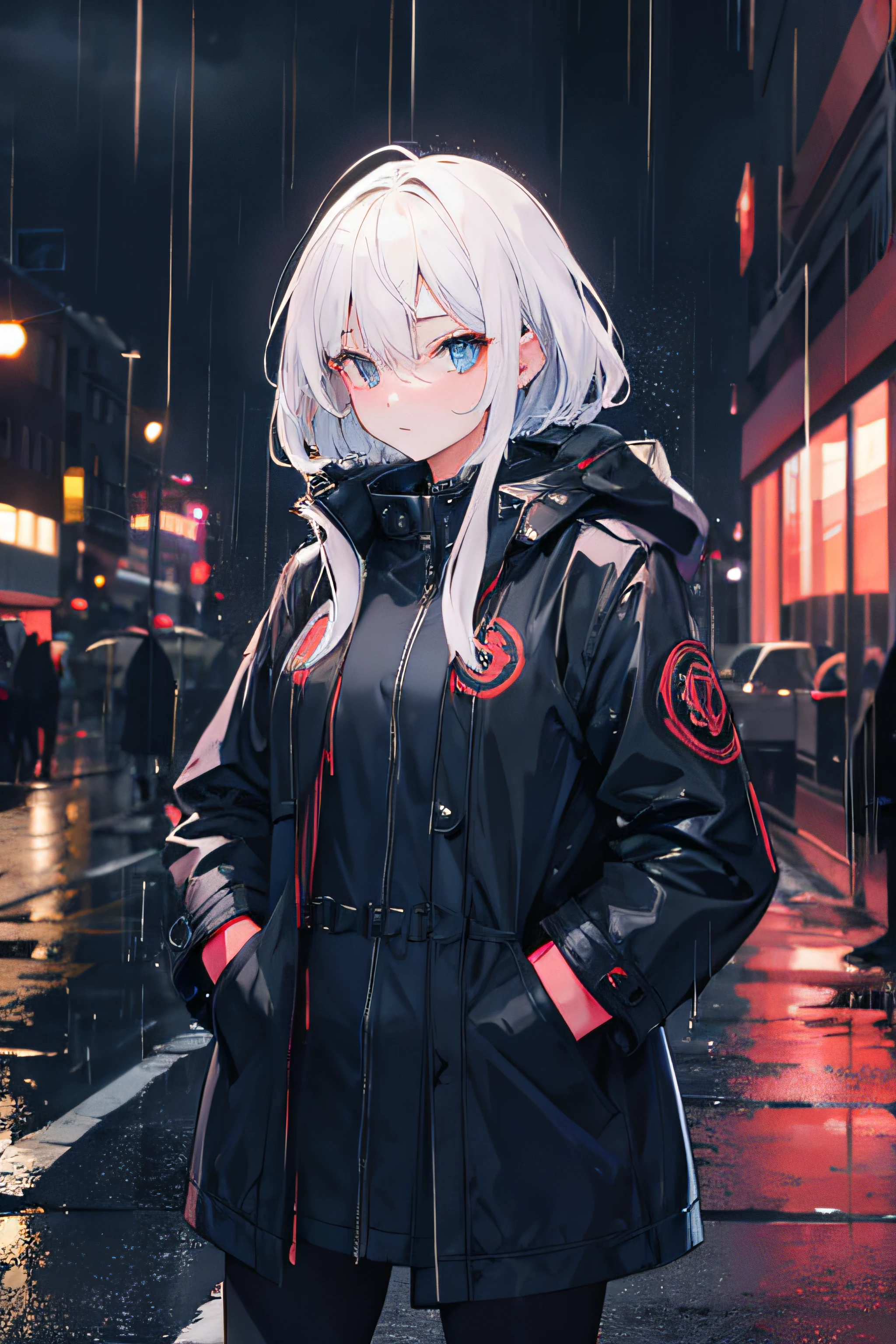 1girl,night city,rain,coat,hands in pockets