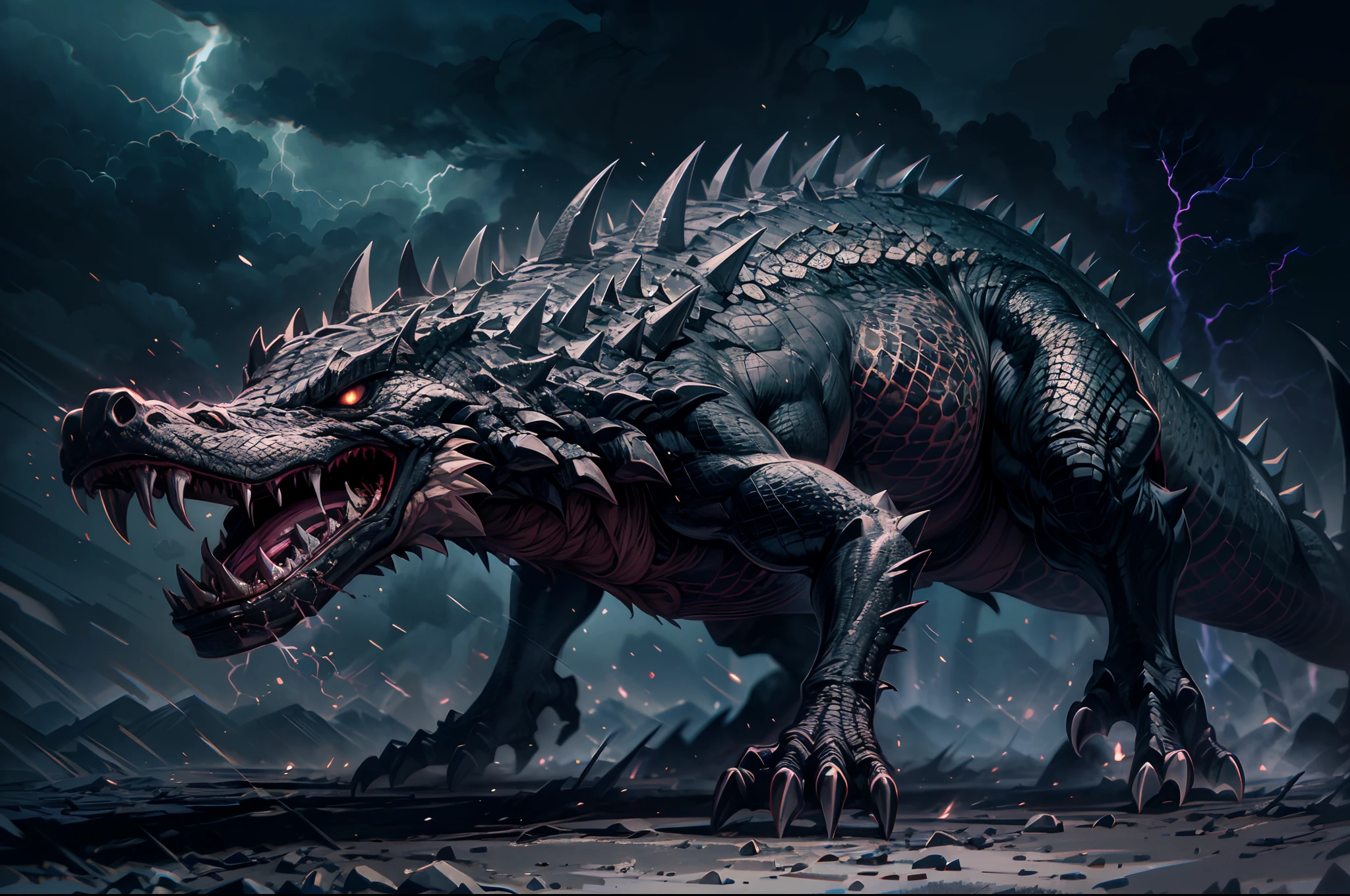 (best quality,4k,highres,masterpiece:1.2),ultra-detailed,realistic,crocodile-like mythical monster, standing on four legs,dark scale-covered body,sharp teeth,claws,spikes running through body,detailed muscles,four eyes with intricate details, lightning running through the body, prominent horn on the head,dark lightning surrounding the body,dark aura,rich texture,ominous atmosphere,evil presence,stormy sky, dramatic lighting,contrast shadows, vivid colors,imposing figure,horror element,unique character design,attention to detail,powerful and intimidating appearance,majestic and terrifying,exquisite craftsmanship