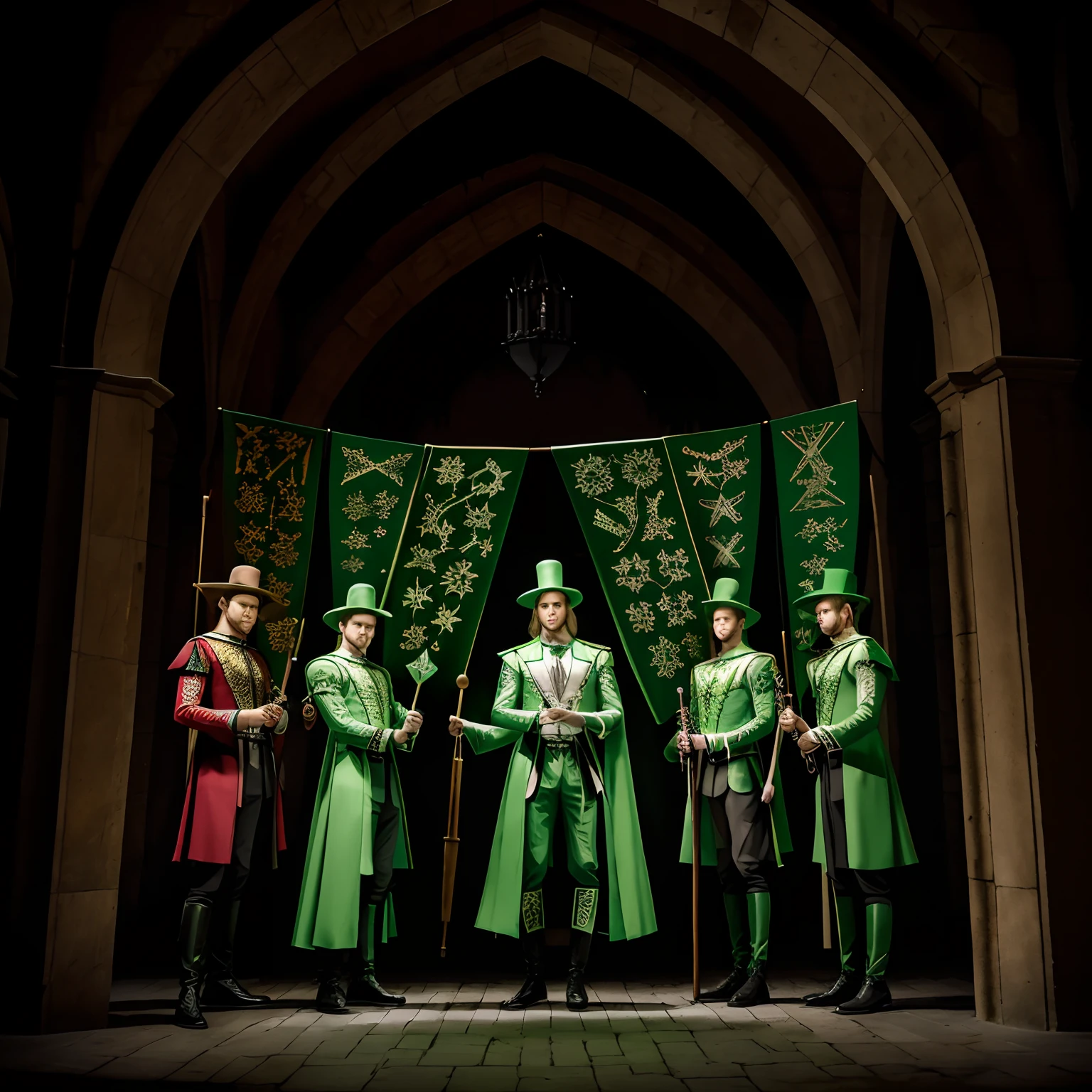 Model
Experience
Five men dressed in unusual pale green costumes of magicians; , They hold magic staffs in their hands , stand in full growth against the backdrop of a Gothic castle , Their boots are visible , Front light , The green costumes of the magicians are painted with runes.