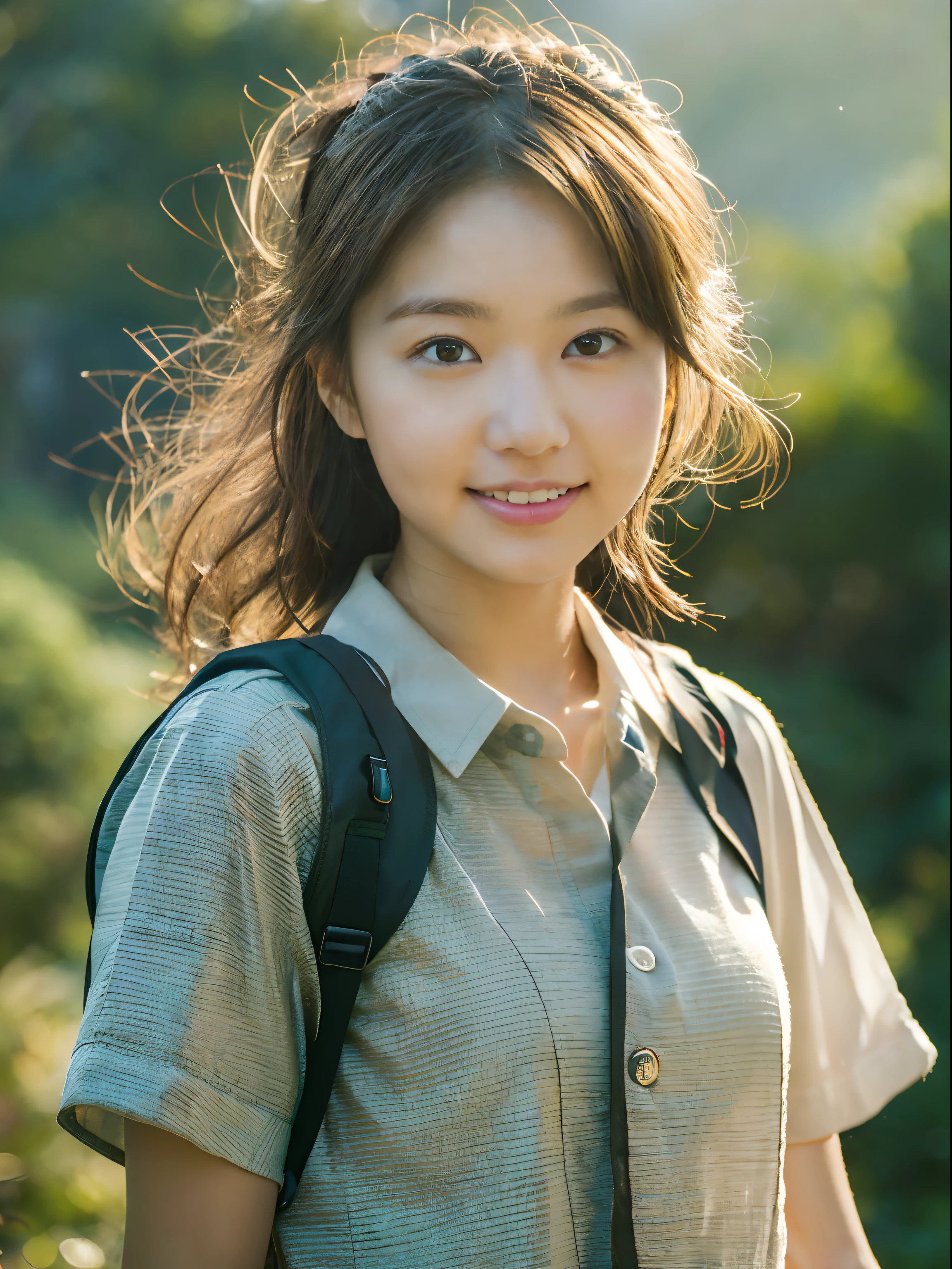 Single-person tent:1.37, (​masterpiece、top-quality、8k wallpaper、hight resolution、hyperrealistic scenery, Photorealsitic:1.37)、1girl in、独奏、18year old、Dainty Japan Woman,Looking at Viewer, Standing, open arms, Lifelike face、luslous skin、The angle is a bit far, Slender body type:1.1、Black eye、(Hiking pants, Wear a collared shirt loosely、Keep the hem of your shirt on the outside of your pants:1.37)、Carrying a backpack:1.2、Mountain girl style、I like mountain climbing, mountaineer, Beautiful sunset on background、Trekking Shoes、A detailed face、A detailed eye、Detailed nose、Detailed mouth、Happy smile