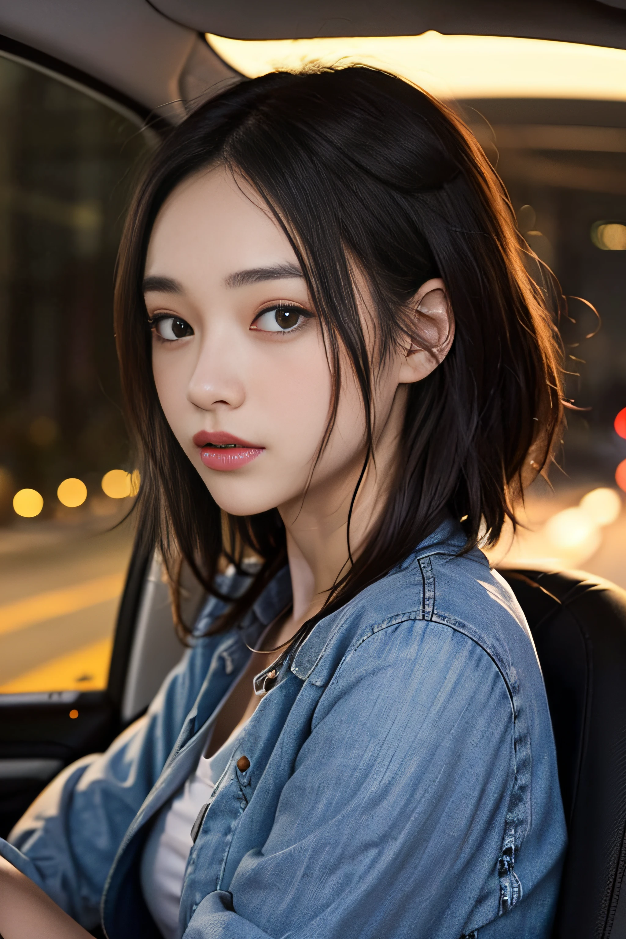 1womanl、Early 20s、(beauitful face:1.5)、Central Freeway、Overtaking Chofu Base、If you're heading to the mountains、(Twilight dyes and unfolds the windshield)、(City lights begin to flicker:1.1)