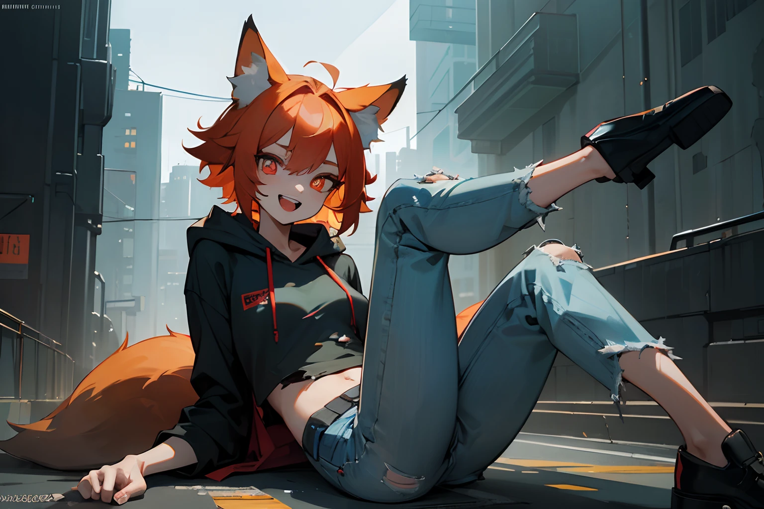 ((Masterpiece)), (High Definition:1.3), Beautiful,(Masterpiece), 8K, Super detail, Realistic, Beautiful photo, Textured skin, cinematic lighting, Cyberpunk cityscape, 1girl, ((mismatched pupils of red and blue:1.3)), (Very messy short hair、Cute beautiful girl, Sit on the asphalt with your legs stretched), (exposed calf, battered and torn Dark green hoodie, denim jeans, Slender small breasts, Smile and open your big mouth), Textured skin, Fox ears, Pale orange hair