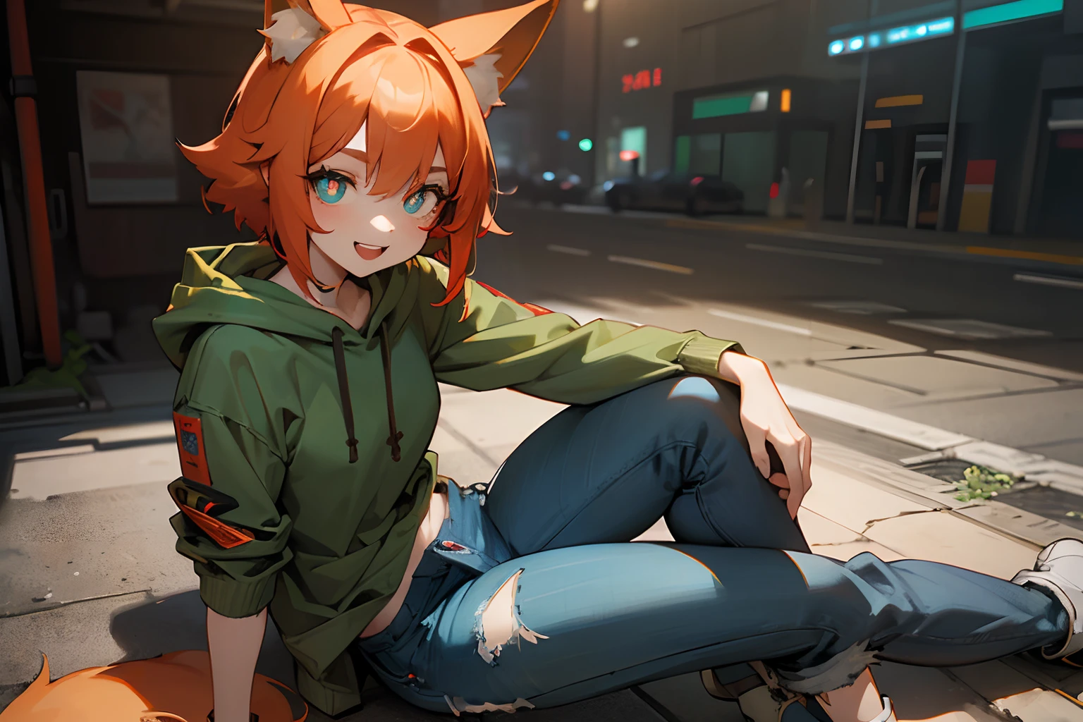 ((Masterpiece)), (High Definition:1.3), Beautiful,(Masterpiece), 8K, Super detail, Realistic, Beautiful photo, Textured skin, cinematic lighting, Cyberpunk cityscape, 1girl, ((mismatched pupils of red and blue:1.3)), (Very messy short hair、Cute beautiful girl, Sit on the asphalt with your legs stretched), (exposed calf, battered and torn Dark green hoodie, denim jeans, Slender small breasts, Smile and open your big mouth), Textured skin, Fox ears, Pale orange hair