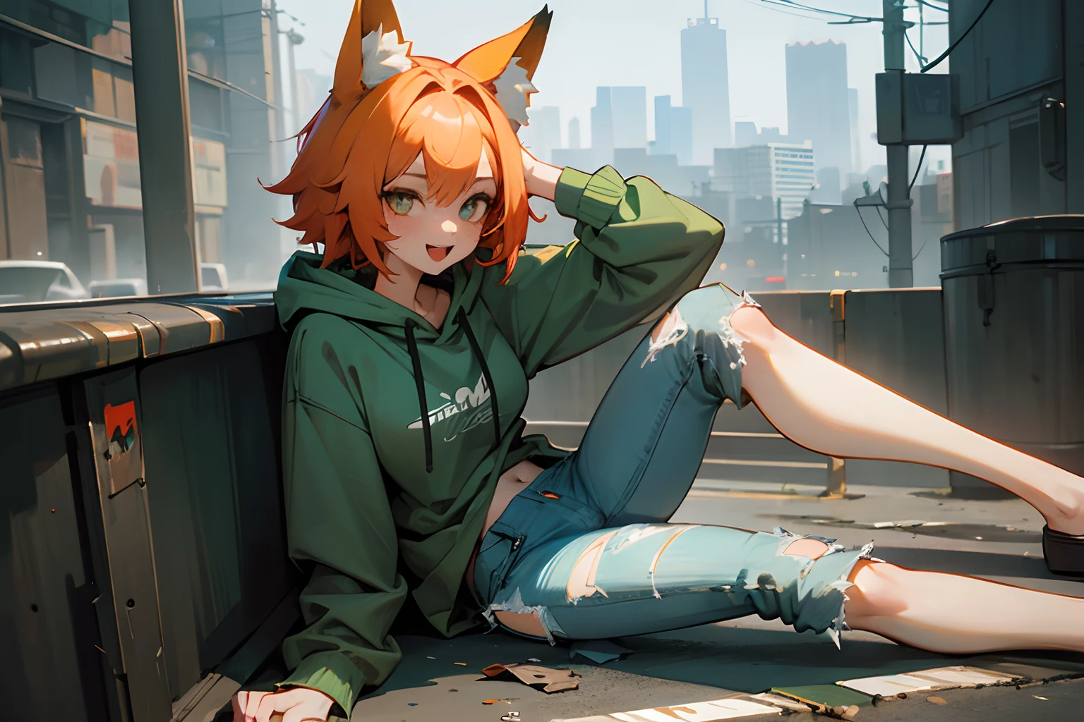 ((Masterpiece)), (High Definition:1.3), Beautiful,(Masterpiece), 8K, Super detail, Realistic, Beautiful photo, Textured skin, cinematic lighting, Cyberpunk cityscape, 1girl, ((mismatched pupils of red and blue)), (Very messy short hair、Cute beautiful girl, Sit on the asphalt with your legs stretched), (exposed sole of the foot, battered and torn Dark green hoodie, dungarees, Slender small breasts, Smile and open your big mouth), Textured skin, Fox ears, Pale orange hair