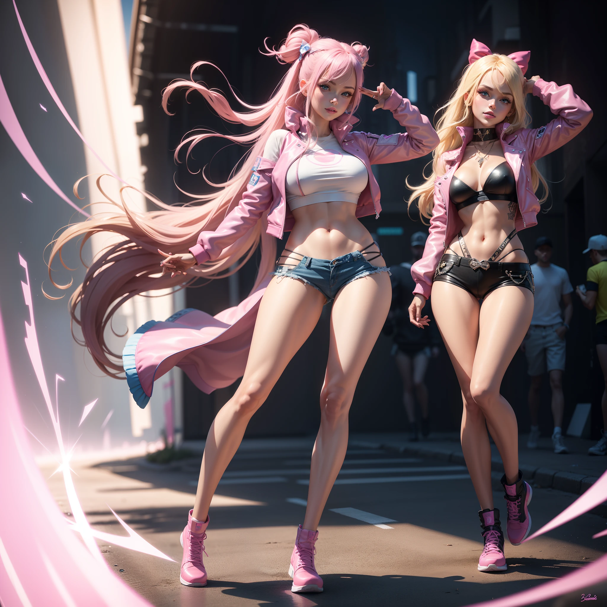 One Barbie, ((Full body)), Blue eyes, Smiling face, Hair loss swaying in the wind, Hip Hop Singer Pose, Dressed in hip-hop style, Wearing a pink biker jacket and light-reflecting hot pants,swarovski,pasties,With a pink bow on the arm, Fashion, Extremely high quality, high details, 8K, clean back ground, in studio, ((Full body shot)),Align your fingers neatly,Accurate Hand Modeling,wave her hand,