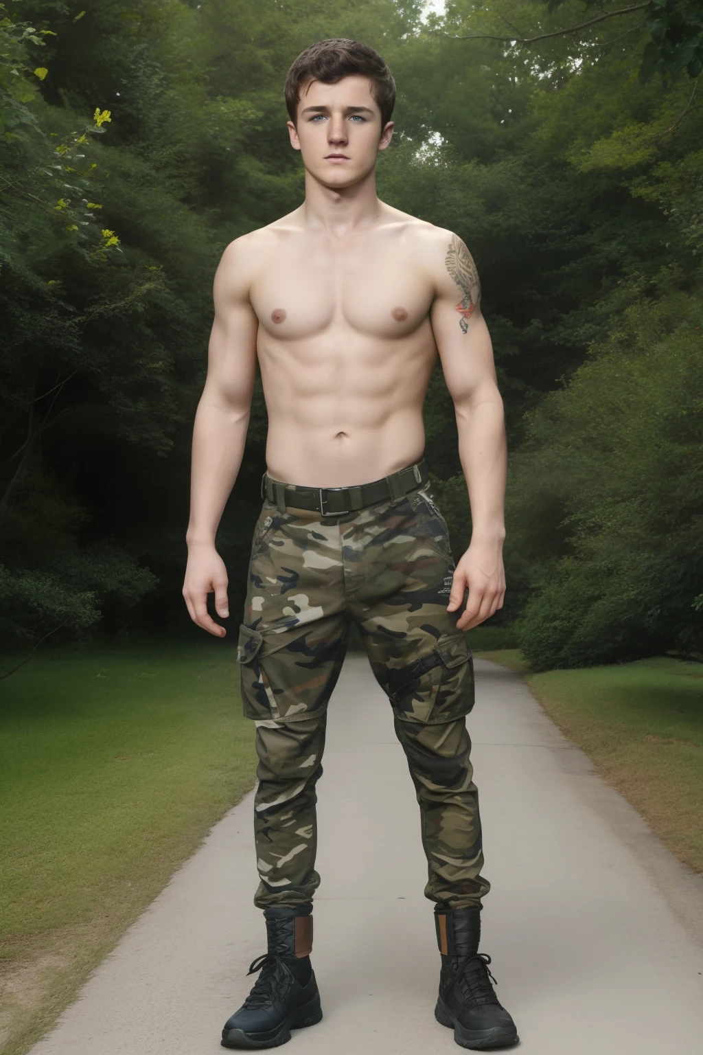 Young male, Josh Hutcherson, age, caucassian masculine square face, best quality, harness, full body view, camo pants, topless