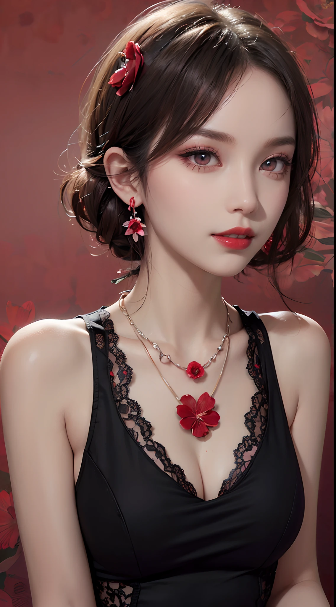 1 beautiful and attractive 20 year old girl, ((wearing a long ultra-thin red dress with diamonds: 1.8)), ((long platinum hair: 1.8)), bangs, elaborate jewelry made from stones noble and pretty bangs, ((wearing a black lace necklace:1.4)), noble, noble style of an extremely beautiful girl, super cute little face, very pretty face, fur thin eyebrows, beautiful, flawless face, ((black eye pupils: 0.8)), very pleasing to the eye, ((light red eyes: 1.5)), beautiful makeup and hair, detailed eyelashes , wet eye makeup, high nose, earrings, red lips, ((closed mouth: 1.5)) beautiful lips, slim hands, most beautiful thighs, rosy face, clean face, flawless beautiful face , smooth white skin, ((big breasts: 1.5)), ((high breasts: 1.6)), firm breasts, beautiful cleavage, ((super round breasts: 1.5)), ((super tight breasts: 1.8) ), beautiful breasts, ((stretch: 1.6)), beautiful breasts, thin black mesh stockings with black lace trim, perfect body, 8k photo, super high quality, super realistic, super 10x pixels, researched optics , studio lighting, edge lighting, dual-tone lighting, (high detail skin: 1.2), super 8k, soft lighting, high quality, volumetric lighting, optical, resolution optical high, bright light, best photo, 4k, 8k quality, blur effect, smooth sharpness, 10 x pixels, ((red flower background:1.7)), aurora, lightning, graphics super realistic, most original realistic drawing, alone, solo, extremely sharp, surreal image, upper body of girl , (((frontal portrait: 1.8)))."