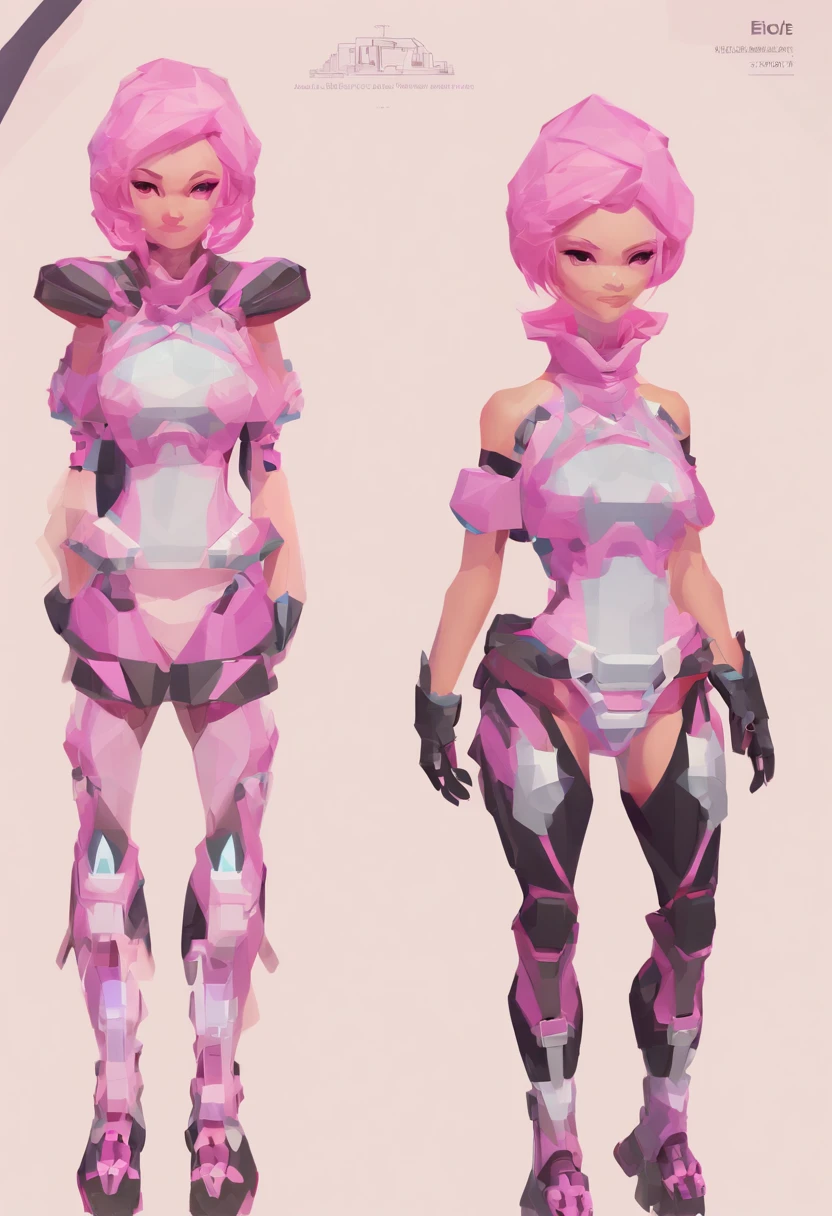 Create a detailed character design sheet for a futuristic female cyborg character. The character should have a completely matte black metallic body, emphasizing sleek and angular contours. Her eyes should be strikingly large and expressive, featuring advanced cybernetic enhancements that emit a soft, futuristic glow. Give her small, subtle lips for a minimalist facial appearance. She should have short, vibrant pink hair that adds a touch of color to her otherwise entirely matte black appearance.
Include front and side views of the character to showcase her design from different angles. Provide references for cyberpunk aesthetics and technology, with a focus on elements like biomechanical limbs, cybernetic joints, and integrated technology within her skin. The design should reflect a balance between vulnerability and power, capturing the essence of a futuristic, dystopian world.