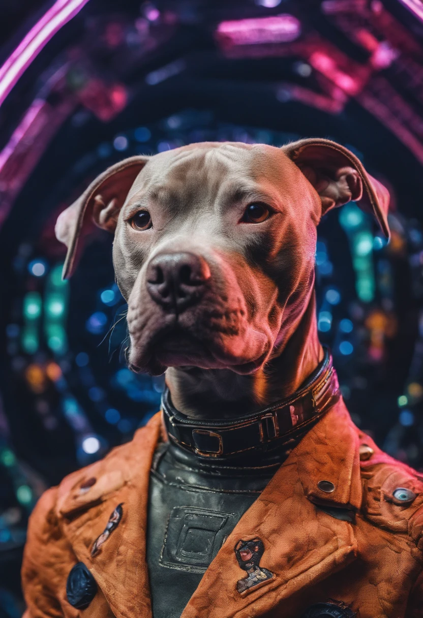 cinematic photo Embroidery of a smug, pit bull indiferente, equiretangular 360, Romantic, arte por Michael Hutter . fotografia 35mm, Film, Bokeh, profissional, 4k, altamente detalhado