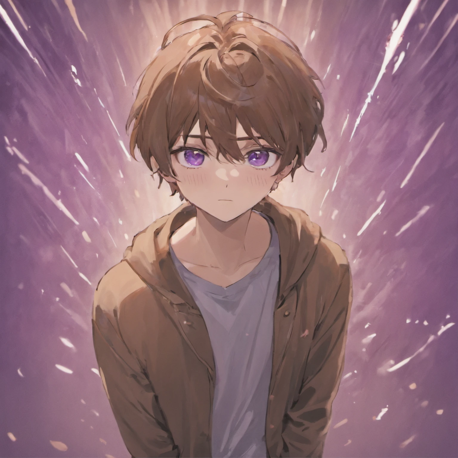 virtual_youtuber, 1boy, male_focus, solo, brown_hair, purple_eyes, simple_background, brown_footwear, full_body, straight-on, looking_at_viewer, pants, white collared shirt, hair_between_eyes, (VERY DETAILED EYES:1.5)