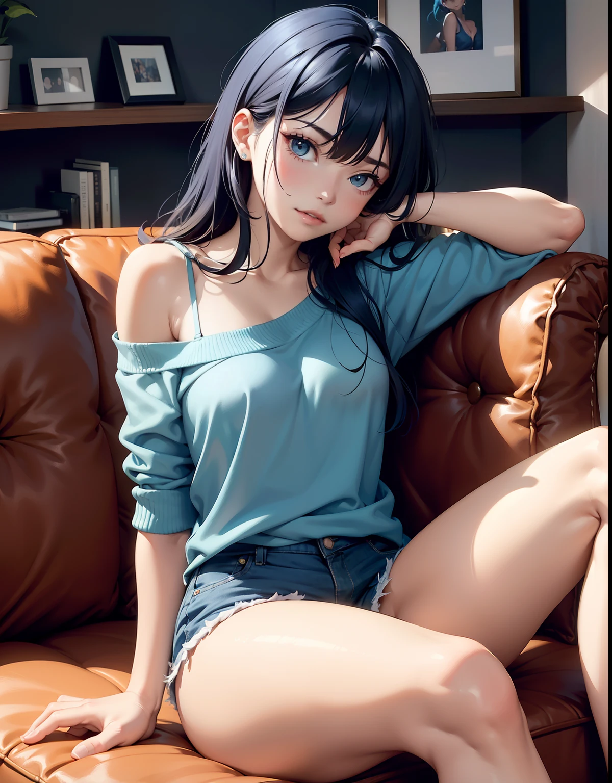 araffed woman in a blue top and blue shorts laying on a couch, on a couch, pretty face with arms and legs, sexy look at the camera, sitting on the couch, beautiful angle, kailee mandel, good young girl, sitting on her bed, sitting on the bed, sexy girl, sitting on a bed, posing in bed