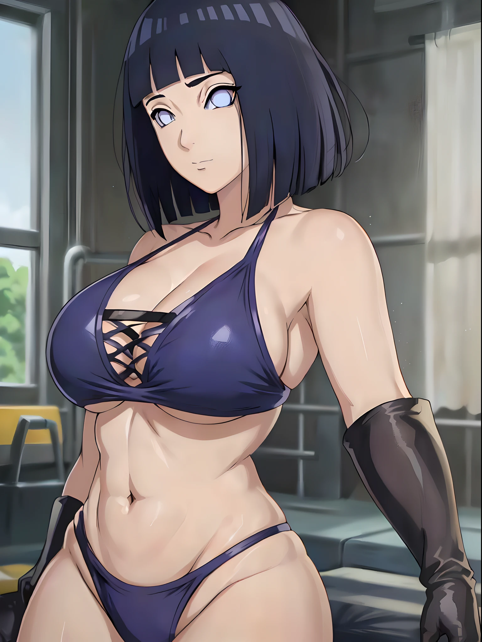 (4k, best quality, cowboy shot), (ultra detailed body, curvy), ((solo, 1 girl)), anime style, hires, ((wrestling stage, (children watching))), (hinata\(boruto\), (female wrestler), (slender body, broad shoulders), (mature woman, milf), (black bikini, micro bikini, ultra detailed pro wrestling gear, long gloves), (extremely gorgeous), (confident look, closed mouth), (pale skin, shiny skin, lighting and shadow), (dark blue hair color:1.1), wavy hair, ((short hair, hime cut), big breasts, (()), (long belly), (very seductive), (perfect eyes, white sciera, bright eyes, white eyes, anime eyes)