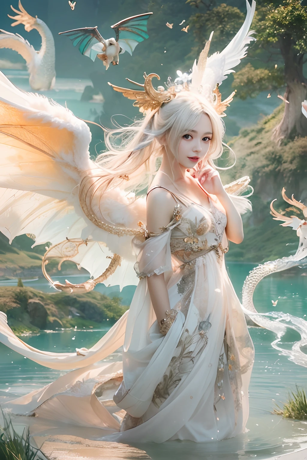 Dragons in Chinese mythology,(Portrait of an angel and a dragon god:1.3,)(Sheer and revealing white fluffy outfit:1.3, ),(Angel with glass wings floating above lake:1.3), (A glass dragon protects angels from behind:1.3),shiny light brown and orange striped hair,,,,,,,,Cute smile,Perfect round face,A cheerful smile that makes the viewer happy,Proper body proportion,masutepiece,Super high-quality output images,hight resolution,Intricate details,Hair fluttering in a very delicate and beautiful wind,photos realistic,Dreamy,Professional Lighting,realistic shadow,Beautiful hands,Beautiful fingers,Detailed finger features,detailed clothes features,Detailed hair features,detailed facial features,