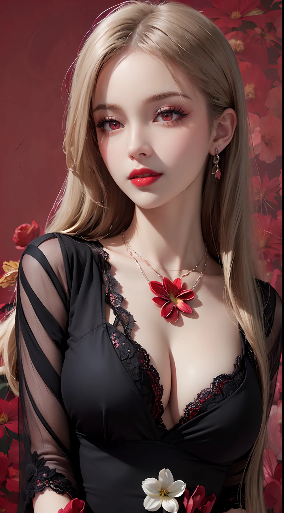 1 beautiful and attractive 20 year old girl, ((wearing a long ultra-thin red dress with diamonds: 1.8)), ((long platinum hair: 1.8)), bangs, elaborate jewelry made from stones noble and pretty bangs, ((wearing a black lace necklace:1.4)), noble, noble style of an extremely beautiful girl, super cute little face, very pretty face, fur thin eyebrows, beautiful, flawless face, ((black eye pupils: 0.8)), very pleasing to the eye, ((light red eyes: 1.5)), beautiful makeup and hair, detailed eyelashes , wet eye makeup, high nose, earrings, red lips, ((closed mouth: 1.5)) beautiful lips, slim hands, most beautiful thighs, rosy face, clean face, flawless beautiful face , smooth white skin, ((big breasts: 1.5)), ((high breasts: 1.6)), firm breasts, beautiful cleavage, ((super round breasts: 1.5)), ((super tight breasts: 1.8) ), beautiful breasts, ((stretch: 1.6)), beautiful breasts, thin black mesh stockings with black lace trim, perfect body, 8k photo, super high quality, super realistic, super 10x pixels, researched optics , studio lighting, edge lighting, dual-tone lighting, (high detail skin: 1.2), super 8k, soft lighting, high quality, volumetric lighting, optical, resolution optical high, bright light, best photo, 4k, 8k quality, blur effect, smooth sharpness, 10 x pixels, ((red flower background:1.7)), aurora, lightning, graphics super realistic, most original realistic drawing, alone, solo, extremely sharp, surreal image, upper body of girl , (((frontal portrait: 1.5)))."