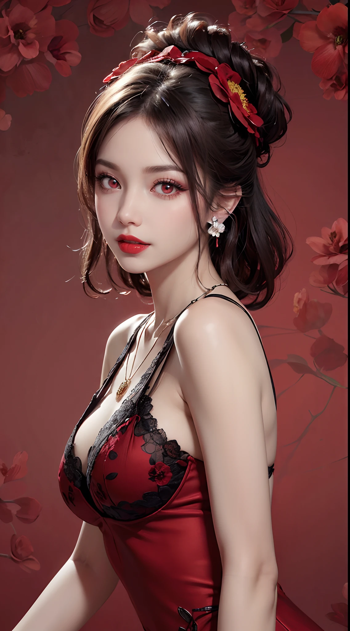1 beautiful and attractive 20 year old girl, ((wearing an ultra-thin red dress with diamonds: 1.8)), ((long platinum hair: 1.6)), bangs, elaborate jewelry made from noble stones and beautiful hair, ( ( wearing a black lace necklace:1.4))), noble, aristocratic style of an extremely beautiful girl, super cute little face, very pretty face, thin eyebrows, beautiful face, flawless, ((black eye pupils: 0.8))), very pleasing to the eyes, ((light red eyes: 1.5)), beautiful makeup and hair, detailed eyelashes, eye makeup wet, high nose, earrings, red lips, ((closed mouth: 1;5 )) beautiful lips, slim hands, most beautiful thighs, rosy face, clean face, flawless beautiful face, fair skin smooth white skin, ((big breasts: 1.5)), ((high breasts: 1.6)), firm breasts, nice cleavage, (((super round breasts: 1.6))), ((super tight breasts: 1.5)), beautiful breasts, ((shoulder width: 1.8)), beautiful breasts, thin black mesh stockings with black lace trim, perfect body, 8k photo, super high quality, super realistic, super 10x pixels, research optical, studio light, edge light, two-tone light, (high detail skin: 1.2), ultra 8k, soft light, high quality, volumetric light, optical, resolution high optics, lighting, best photo, 4k, 8k quality, blur effect, smooth sharpness, 10 x pixels, ((red flower background:1.7)), aurora, lightning, super graphics realistic, most realistic drawing map, alone, solo, extreme sharp image, surreal, upper body of girl, (((frontal portrait: 1.8)))."