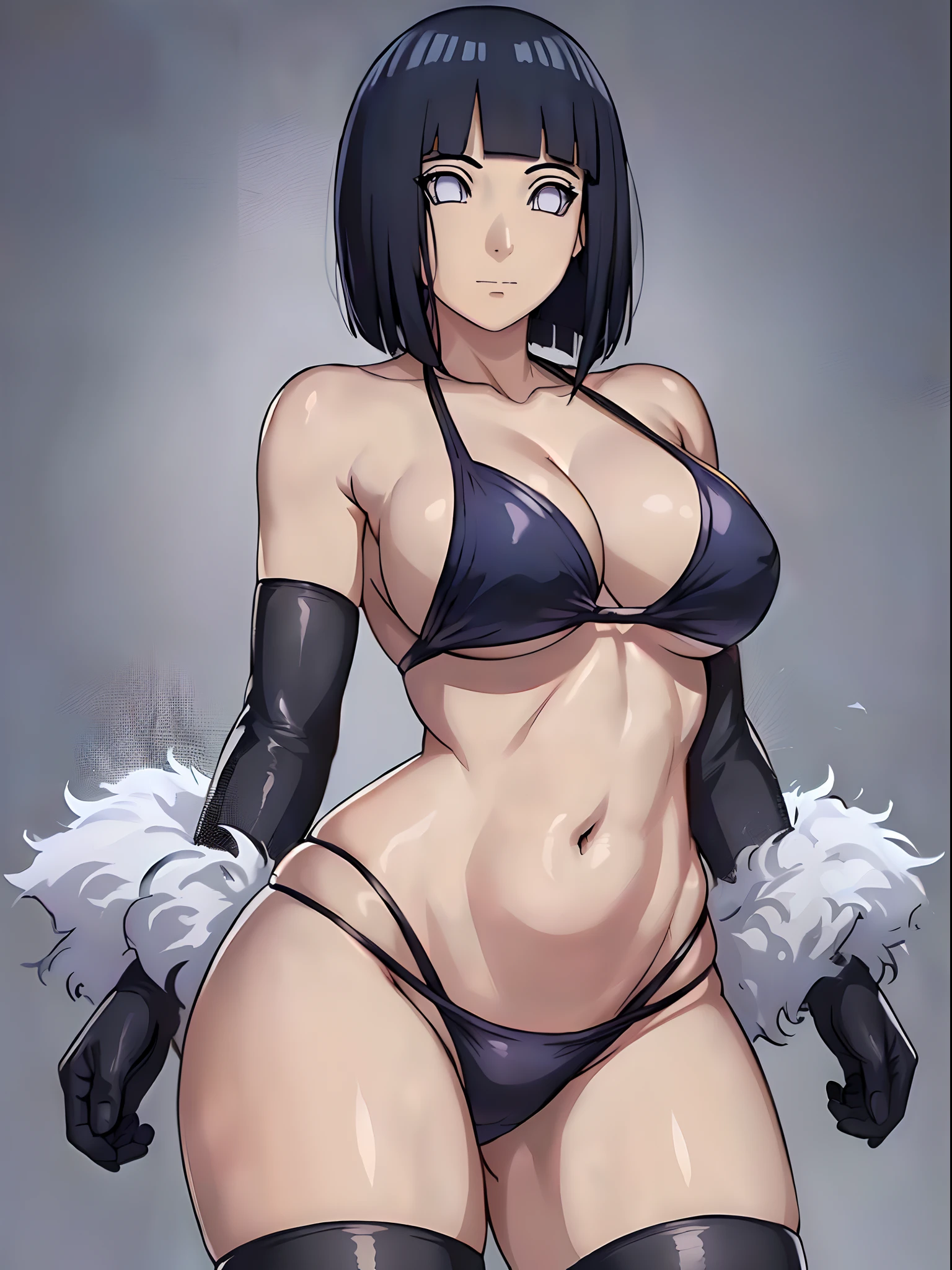 (4k, best quality, cowboy shot), (ultra detailed body, curvy), ((solo, 1 girl)), anime style, hires, ((wrestling stage, (children watching))), (hinata\(boruto\), (female wrestler), (slender body, broad shoulders), (mature woman, milf), (black bikini, micro bikini, ultra detailed pro wrestling gear, long gloves), (extremely gorgeous), (confident look, closed mouth), (pale skin, shiny skin, lighting and shadow), (dark blue hair color:1.1), wavy hair, ((short hair, hime cut), big breasts, (()), (long belly), (very seductive), (perfect eyes, white sciera, bright eyes, white eyes, anime eyes)