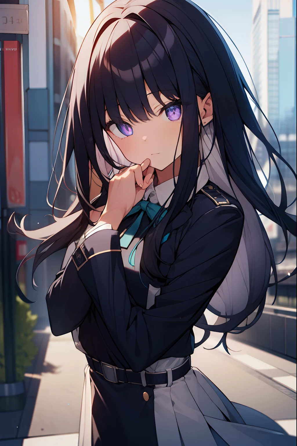 takinainoue, inoue takina, long hair, bangs, black hair, (purple eyes:1.2), BREAK shirt, long sleeves, dress, ribbon, school uniform, white shirt, collared shirt, belt, neck ribbon, blue dress, green ribbon, pleated dress, grey dress, two-tone dress, blue belt, lycoris uniform, BREAK outdoors, city, BREAK (masterpiece:1.2), best quality, high resolution, unity 8k wallpaper, (illustration:0.8), (beautiful detailed eyes:1.6), extremely detailed face, perfect lighting, extremely detailed CG, (perfect hands, perfect anatomy),