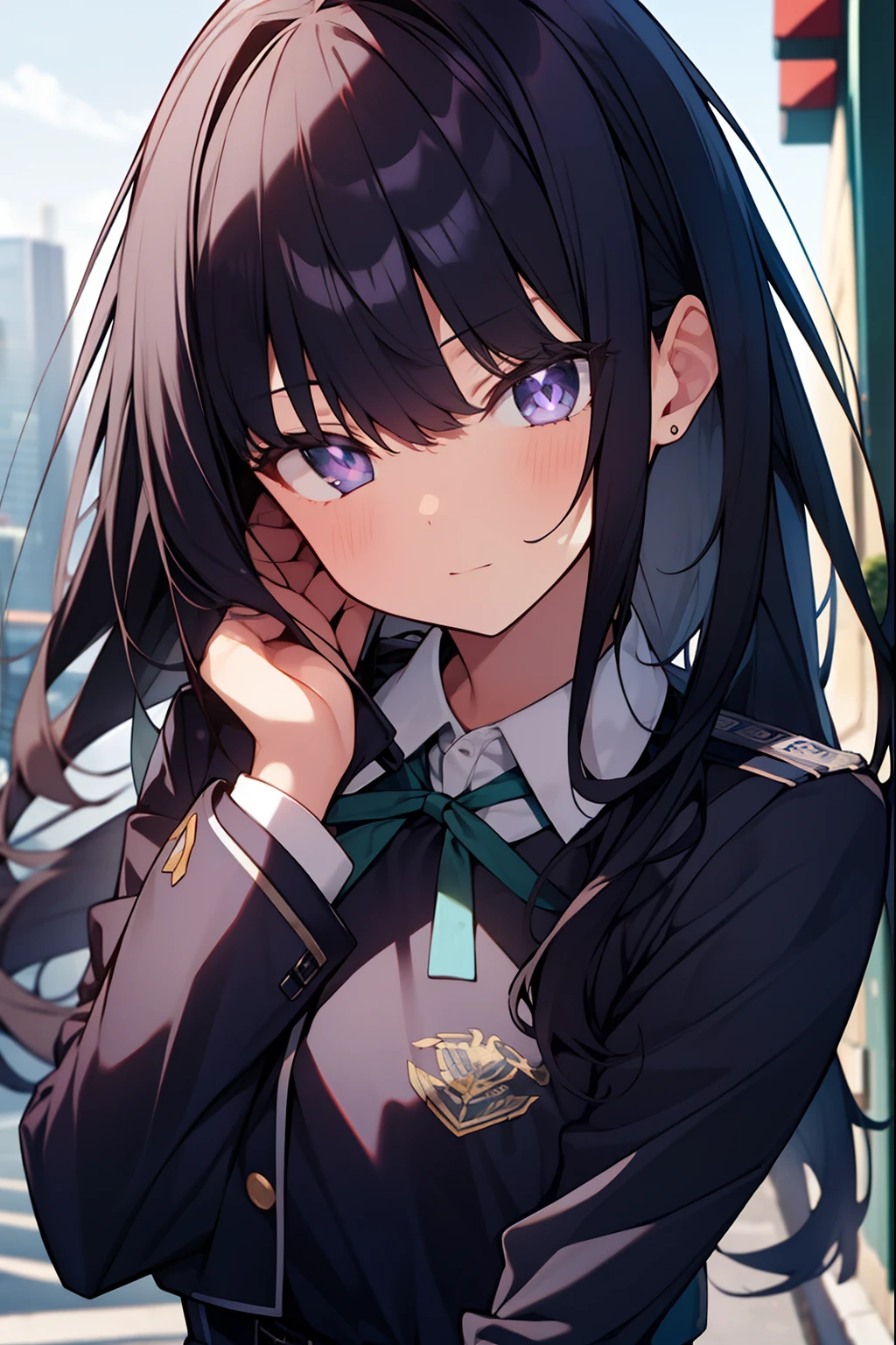 takinainoue, inoue takina, long hair, bangs, black hair, (purple eyes:1.2), BREAK shirt, long sleeves, dress, ribbon, school uniform, white shirt, collared shirt, belt, neck ribbon, blue dress, green ribbon, pleated dress, grey dress, two-tone dress, blue belt, lycoris uniform, BREAK outdoors, city, BREAK (masterpiece:1.2), best quality, high resolution, unity 8k wallpaper, (illustration:0.8), (beautiful detailed eyes:1.6), extremely detailed face, perfect lighting, extremely detailed CG, (perfect hands, perfect anatomy),
