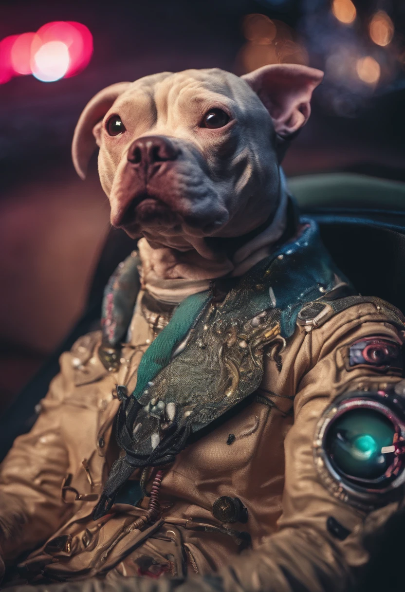 cinematic photo Embroidery of a smug, pit bull malvado, equiretangular 360, Romantic, arte por Michael Hutter . fotografia 35mm, Film, Bokeh, profissional, 4k, altamente detalhado